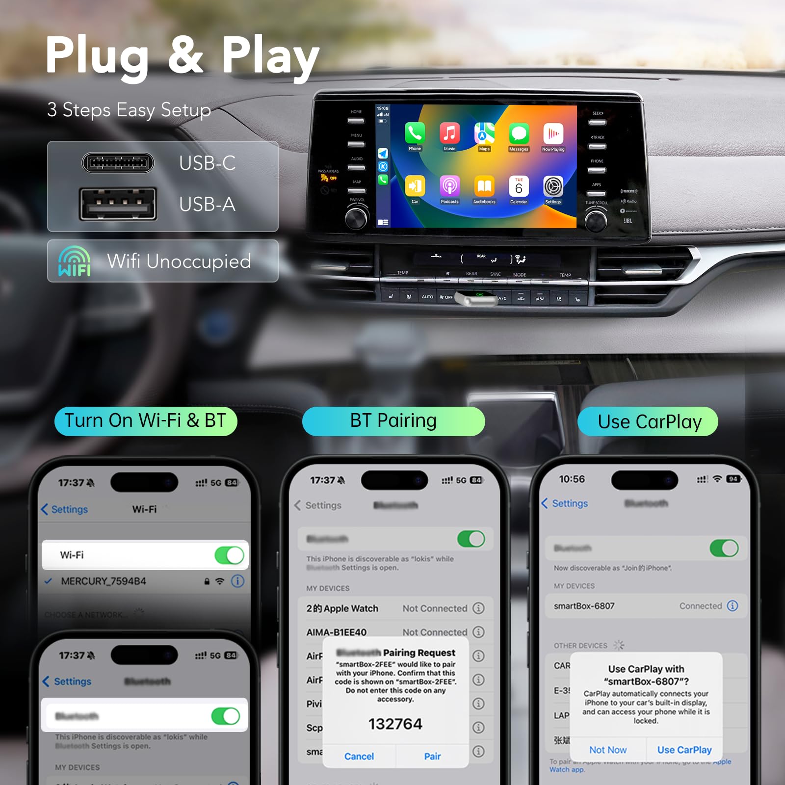 Wireless CarPlay Adapter 2026, Convert Wired to Wireless CarPlay Adaptor for Apple, Compatible with Cars with Factory Wired CarPlay for iPhone & Android with USB/USB-C Port (Light Grey)