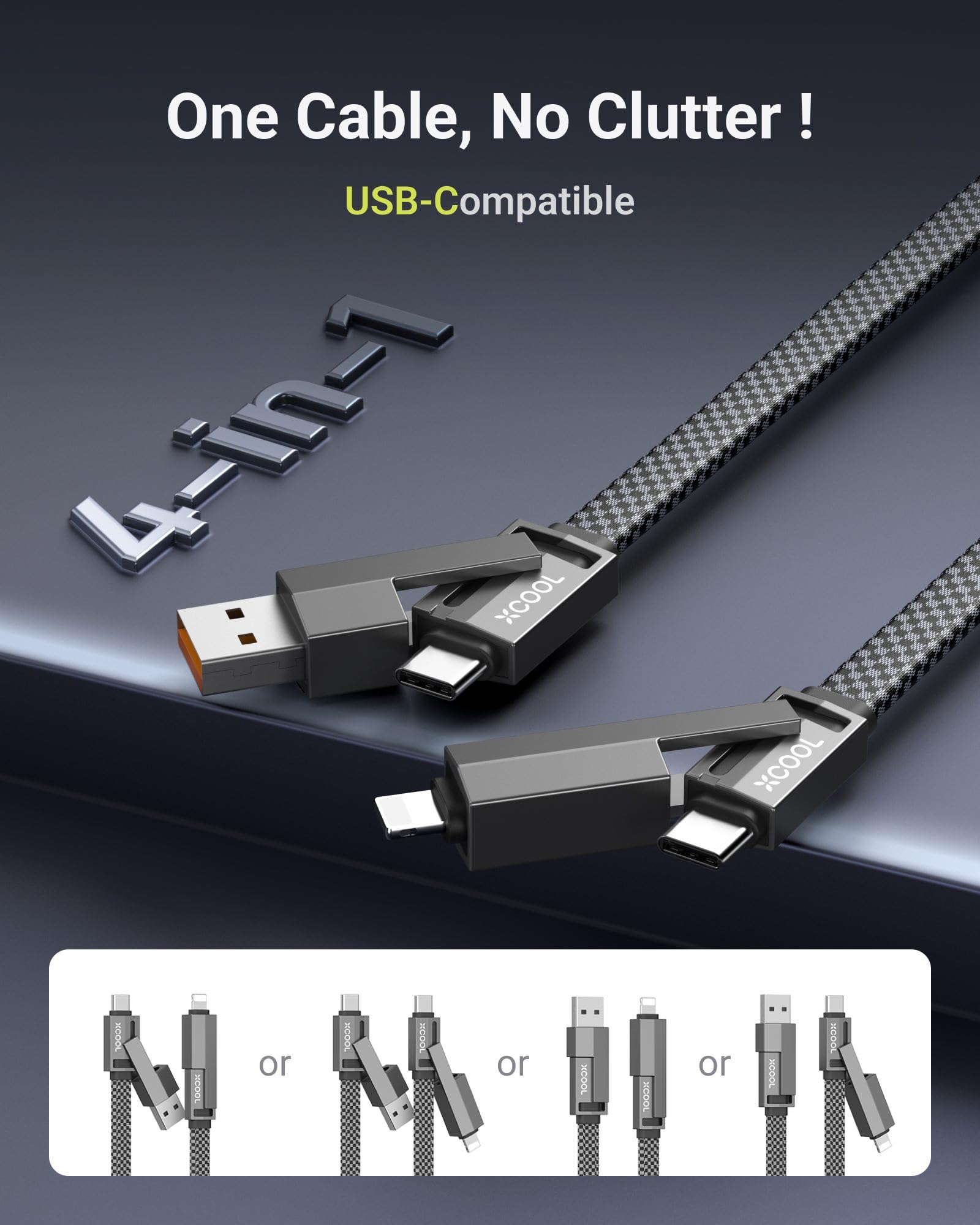 XCOOL USB C Cable, 4-in-1 USB-C Cable (6ft), 100W USB-C Charger Cable with Hook-and-Loop Fastener and Cable Management, USB-C Cable/Fast Charging for MacBook, iPad, iPhone, Samsung, Gray