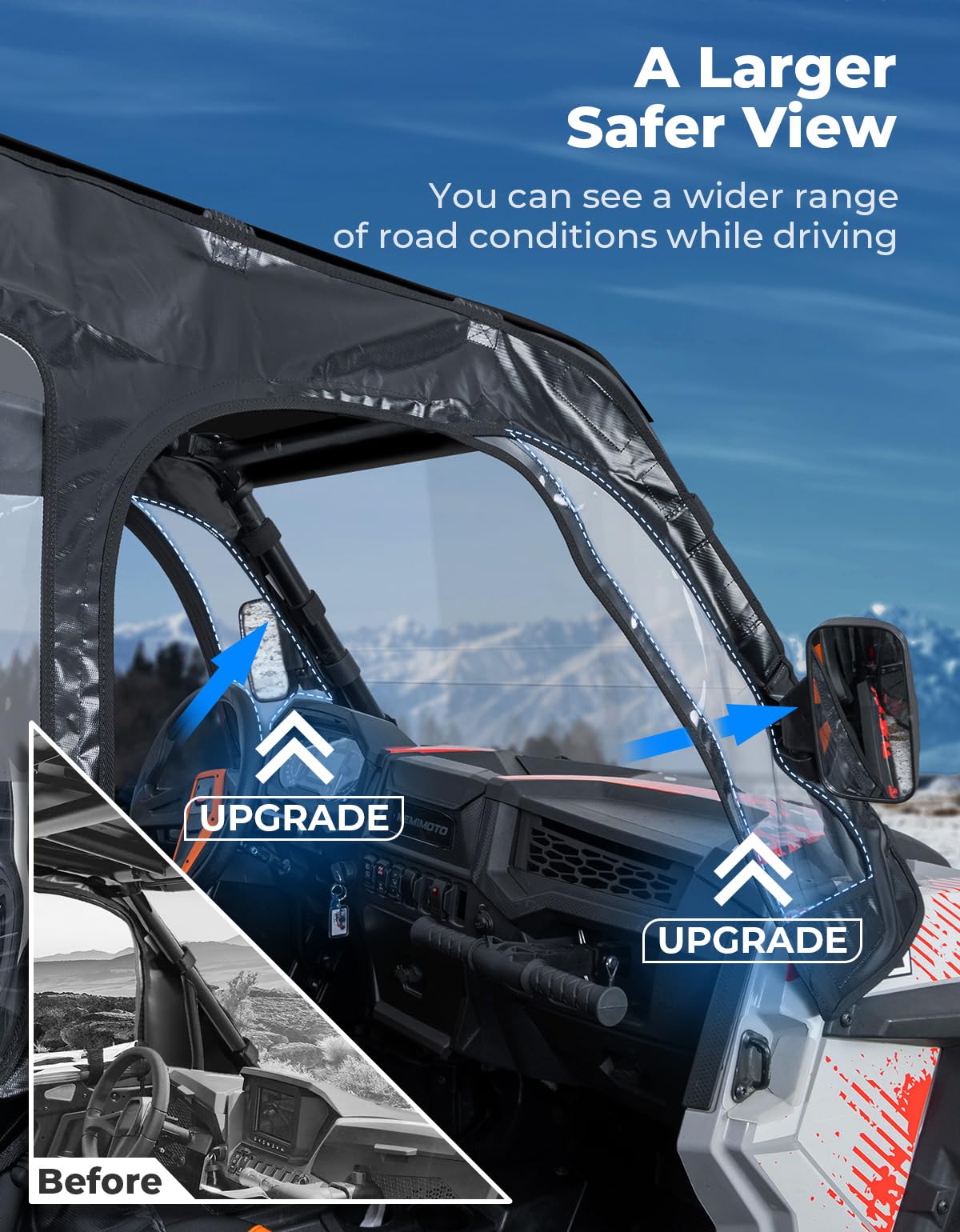 KEMIMOTO Soft Upper Doors Fit with Side Mirrors and Windshields, Compatible with Polaris RZR XP 1000 / XP Turbo 2014-2023 UTV Cab Enclosures Upgrade Zippers 3-Pane Window - 2 Seater