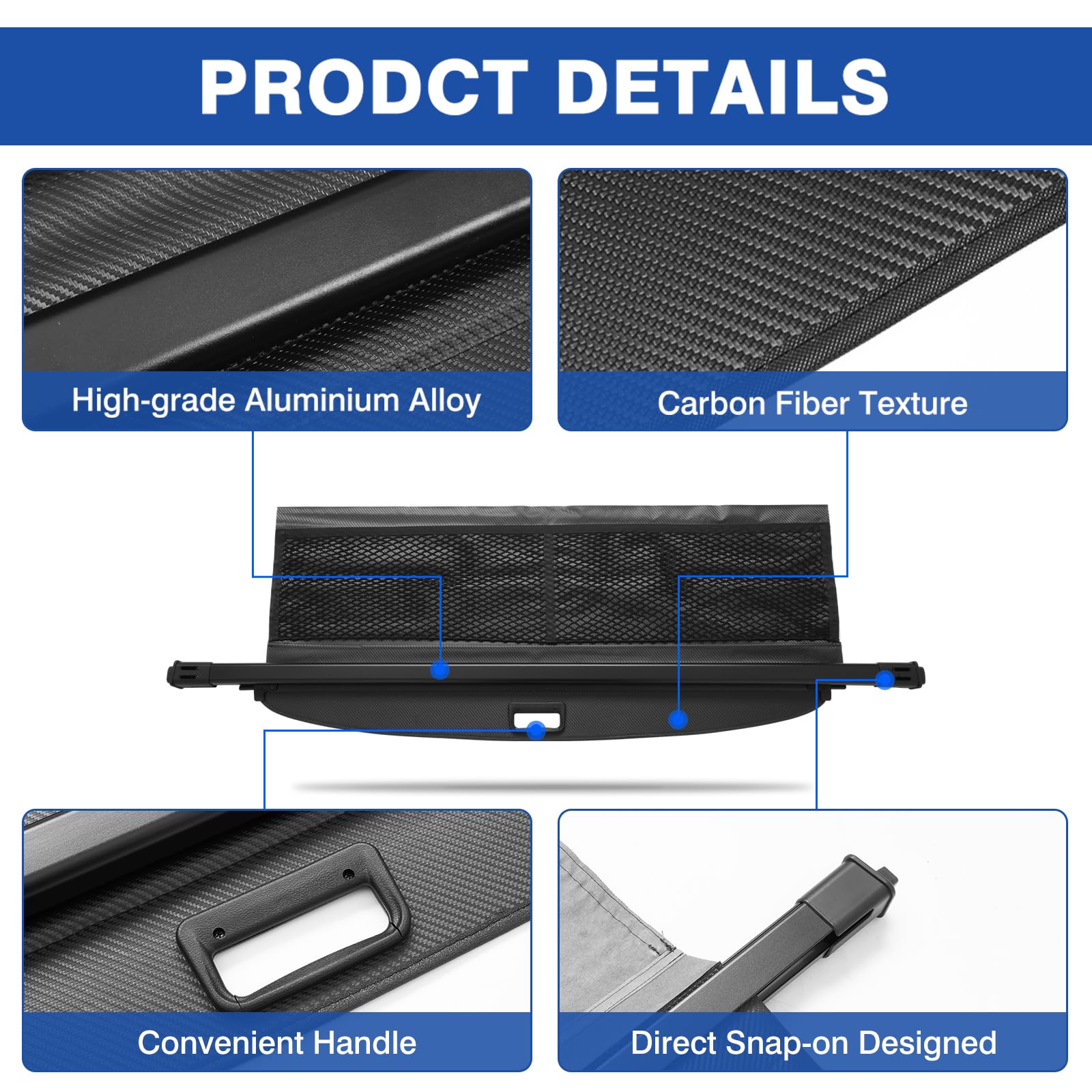 Autorder Cargo Cover for 2022 2023 2024 Hyundai Ioniq 5 Accessories Upgraded Trunk Cover with Extra Storage Net Carbon Fiber Retractable Security Shield Shade Cover