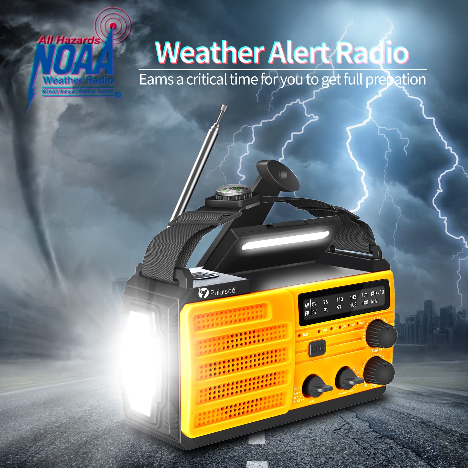 Emergency-Radio,Puiuisoul 8000mAh Portable Weather Solar Radios with Hand Crank,Reading Lamp,3 Gear LED Flashlight,SOS Alarm,AM/FM/NOAA,Headphone Jack