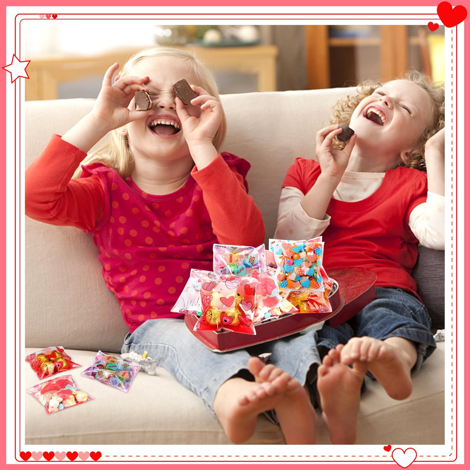 FEBSNOW 450 PCS Valentines Cellophane Bags Heart Self-adhesive Candy Bags Clear Plastic Cookie Treat Bags for Valentine's Day Holiday Party Gift Decoration Supplies Favor (9 Styles)