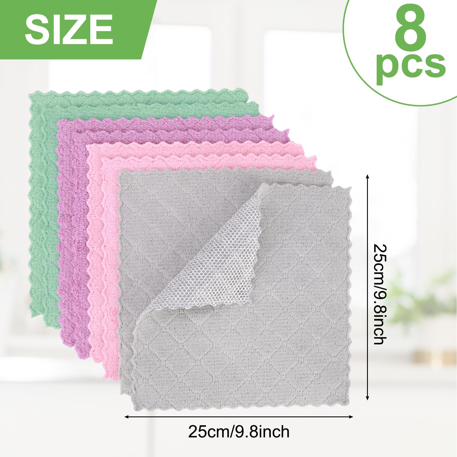 SAYAPE Double-Sided Cleaning Rags - Multipurpose Non Scratch Wire Dishcloth & Microfiber Cleaning Cloths - Reusable Dish Cloth for Kitchen, Car, and Housekeeping - 8-Pack - Gray/Green/Pink/Purple