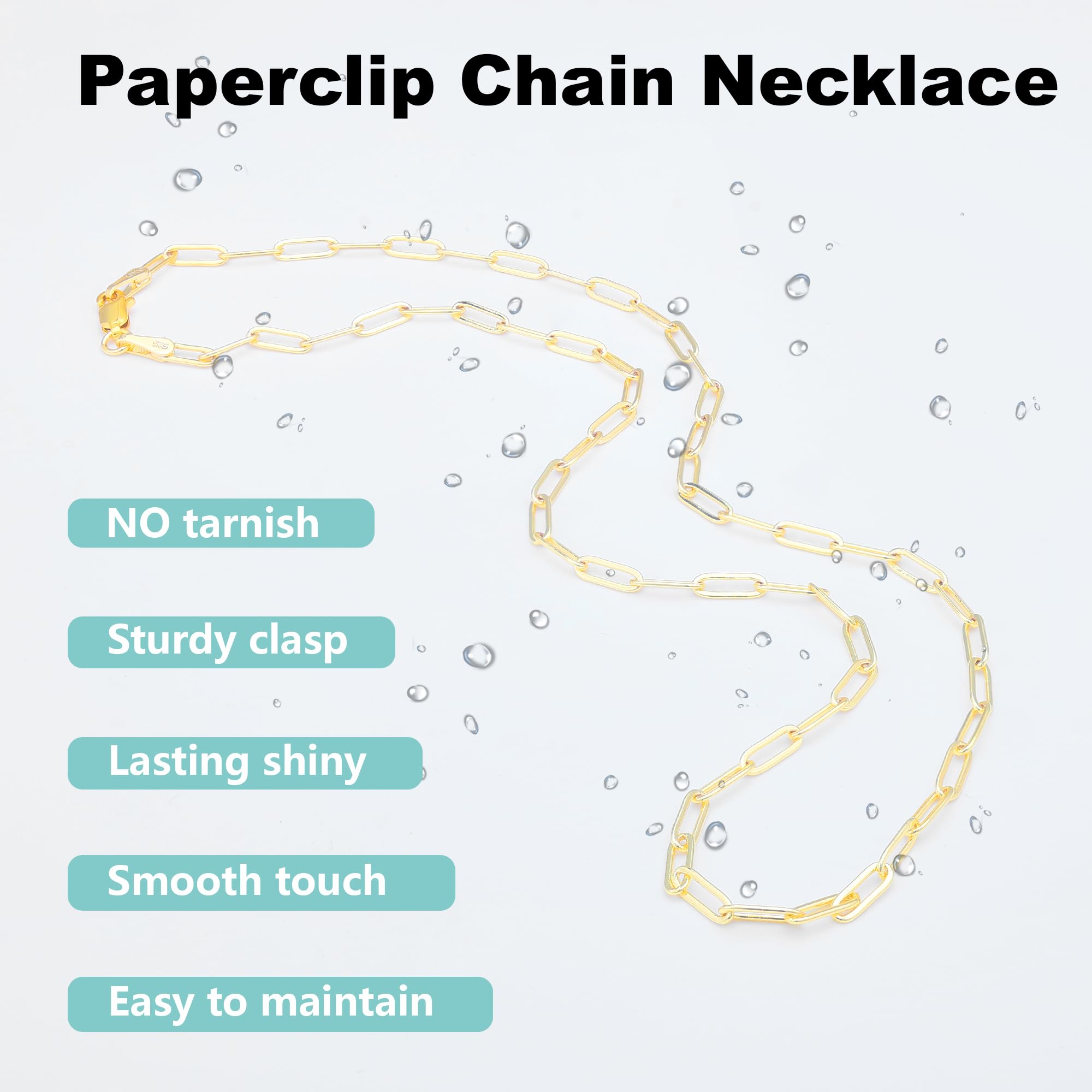 Waitsoul 925 Sterling Silver Paperclip Chain Lobster Clasp 3mm 18k Gold Over Paperclip Link Curb Chain Necklace for Women Men Diamond Cut 16-30 Inches(22)