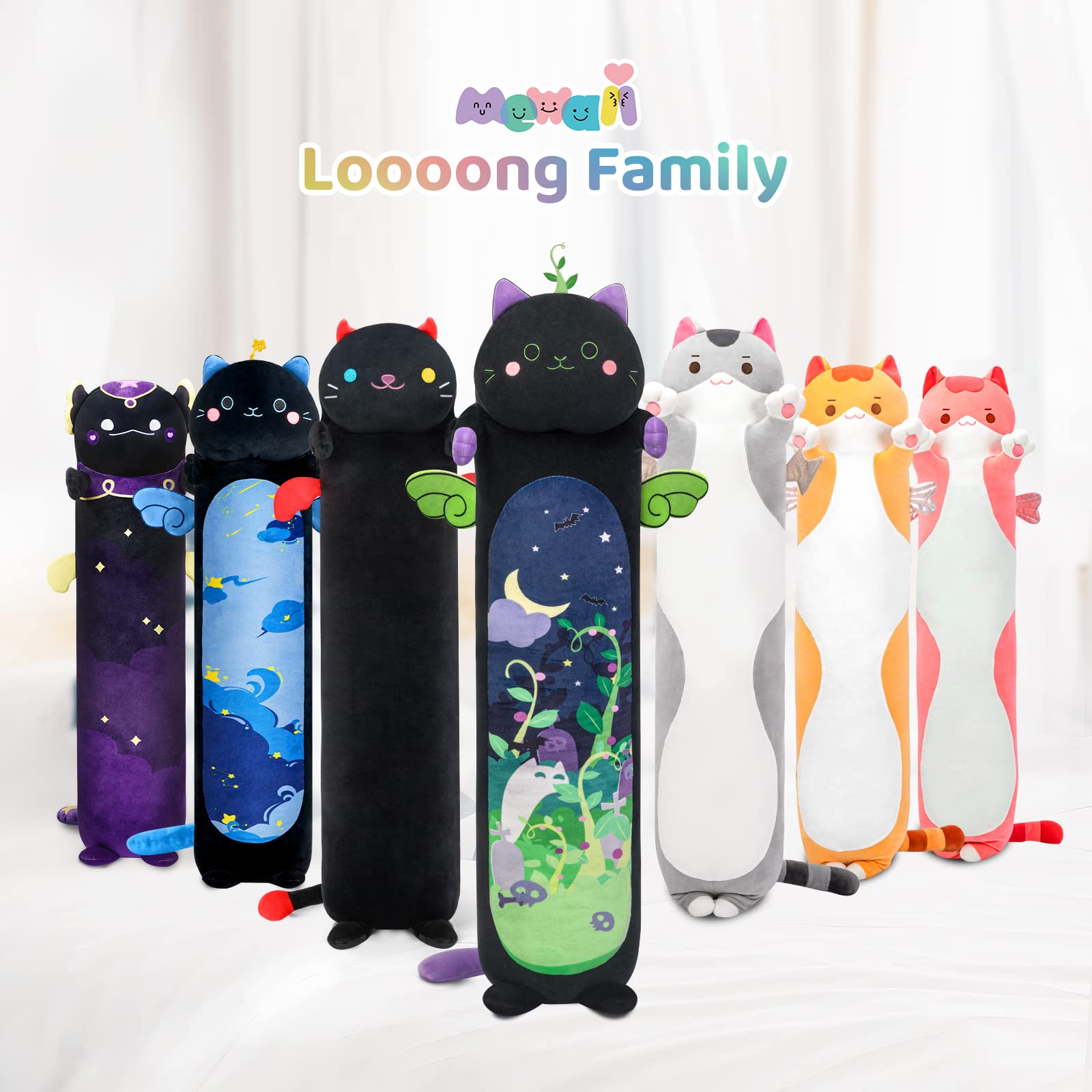 Mewaii Long Cat Plush Kawaii Body Pillow, 44” White Cat Stuffed Animals Soft Plushies, Halloween Ghost Cat Big Plush Pillow Doll Toy Gift for Girls Boys