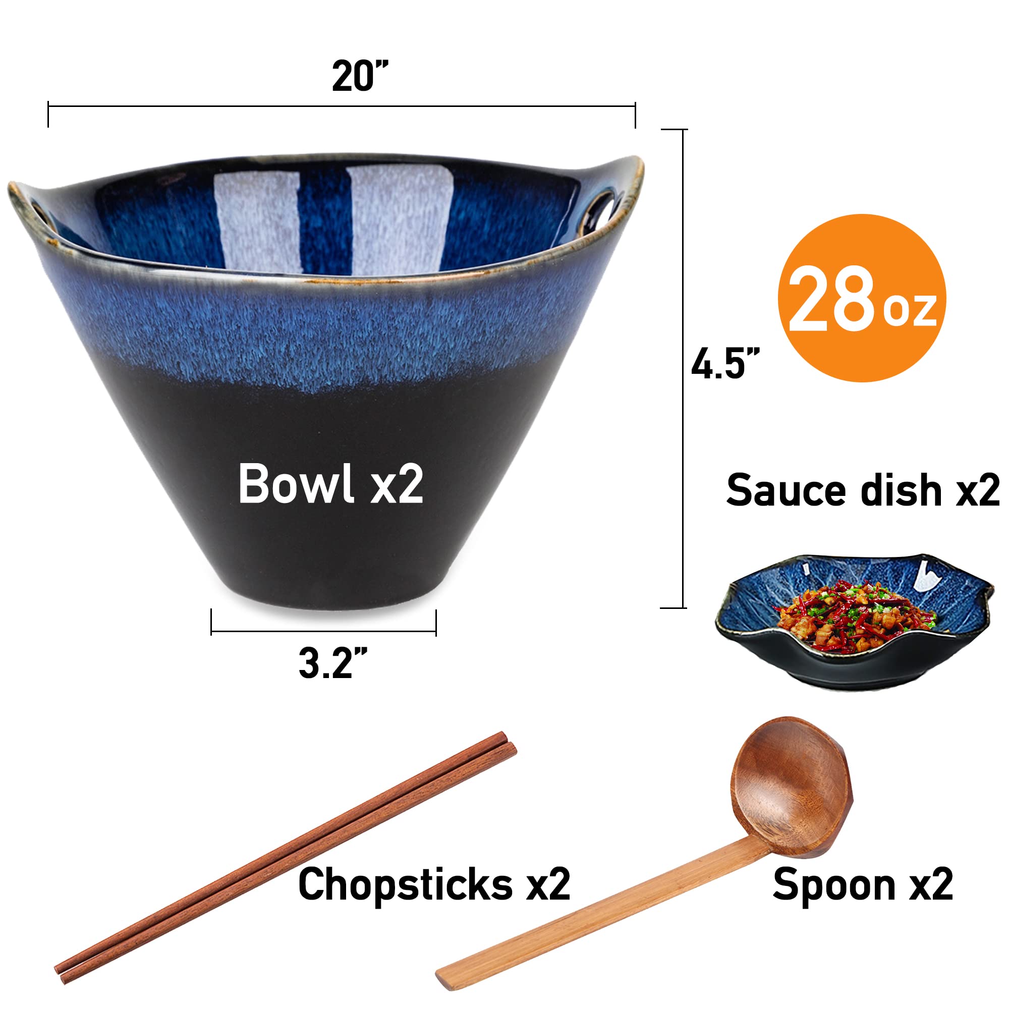 Farielyn-X Porcelain Ramen Bowls Set of 2(8 pcs), 28 Ounce Japanese Ramen Udon Noodle Miso Bowl with Chopsticks & Spoons & Dipping Dishes, Unique Reactive Glaze Bowl, Dishwasher & Microwave Safe