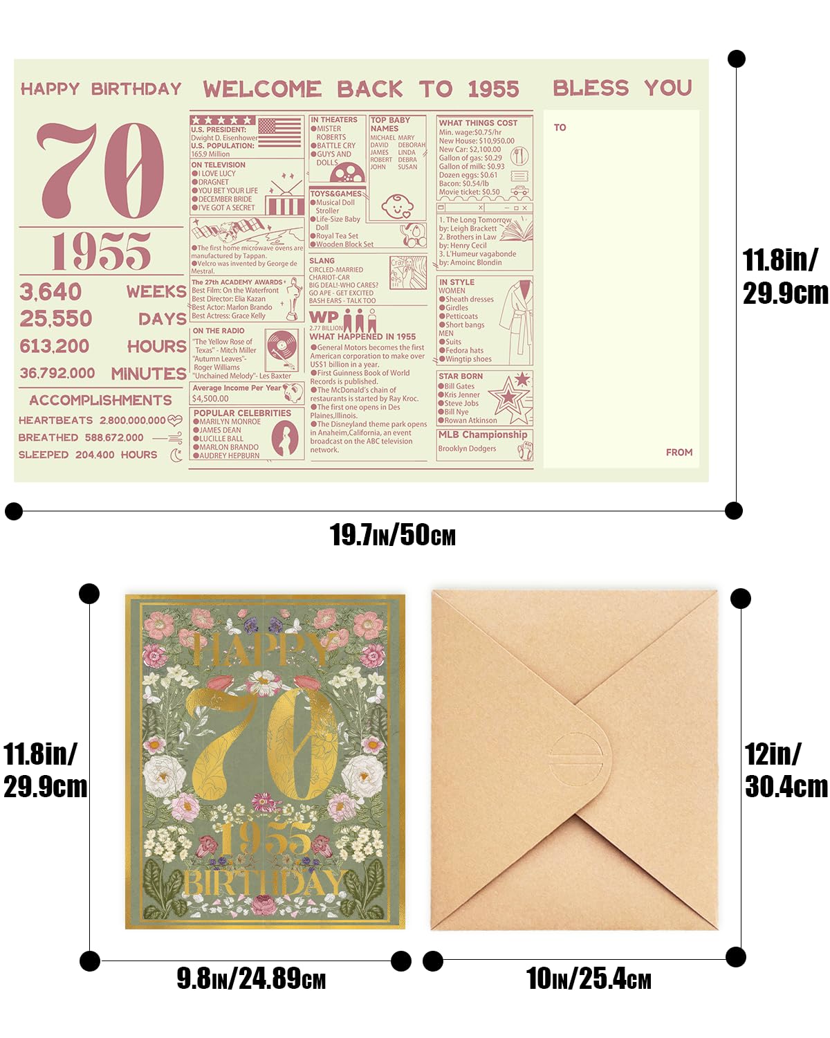 qiqee 2025 70th Birthday Greeting Card, 70 Years Old Birthday Gift Card,Memory Back In 1955(Envelope)