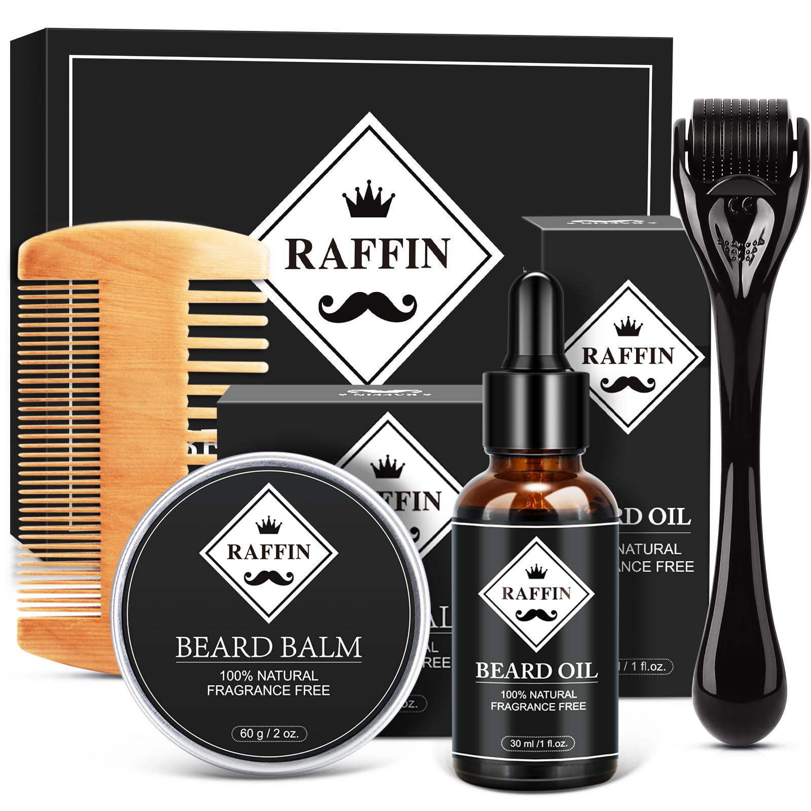 RAFFIN Beard Growth Kit for Men with Beard Growth Oil, Balm, Comb, Massager for Spot/Patchy Facial Hair, Achieve Fuller, Thicker & Healthier Beards, Gifts for Him Boyfriend Husband Dad