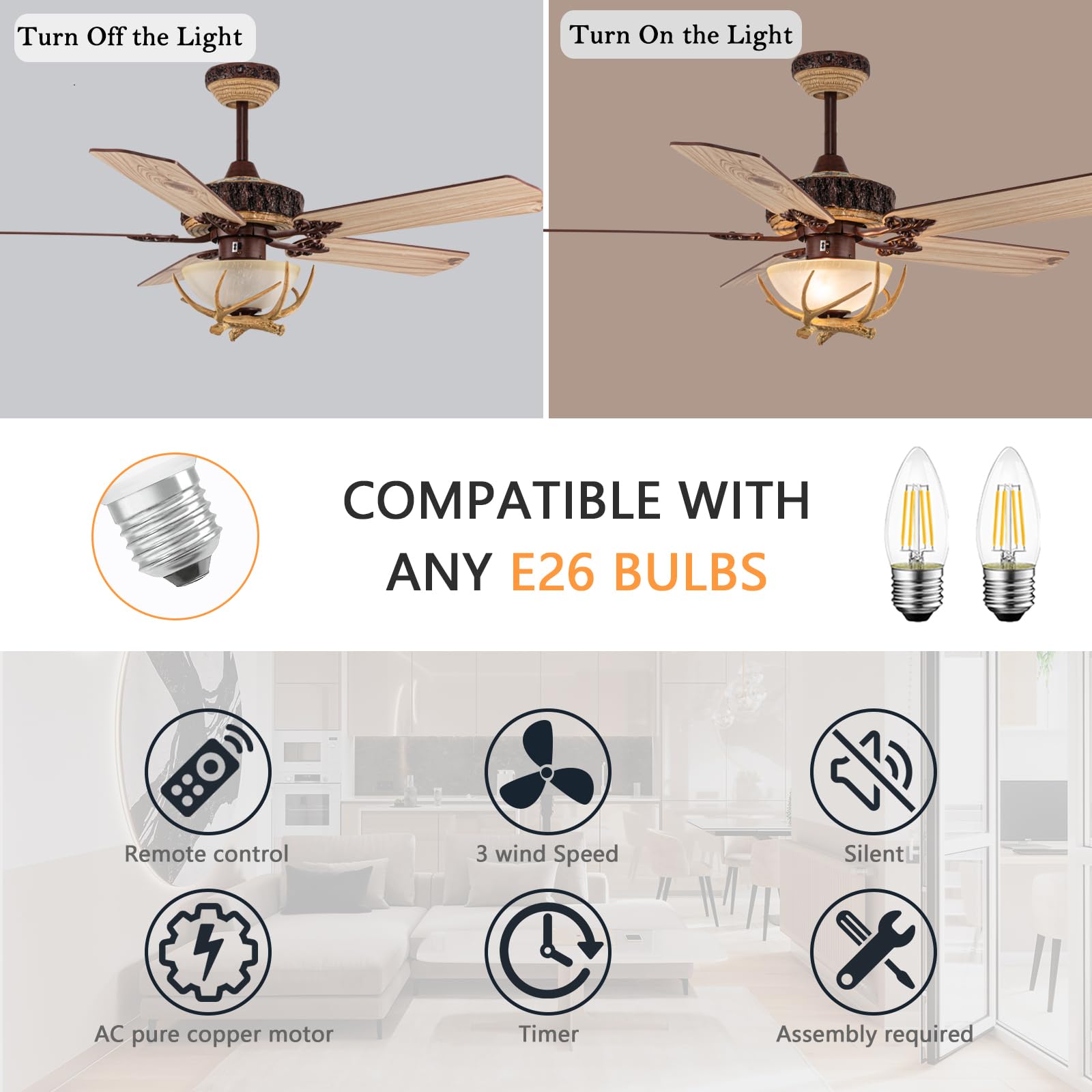 Tropwellhouse Indoor Rustic Ceiling Fan with Light and 5 Wood Blades, Modern Antler Ceiling Fan Homer Decoration for Bedroom Living Room Farmhouse Chandelider Fan with Remote of 52Inch (Bronze)