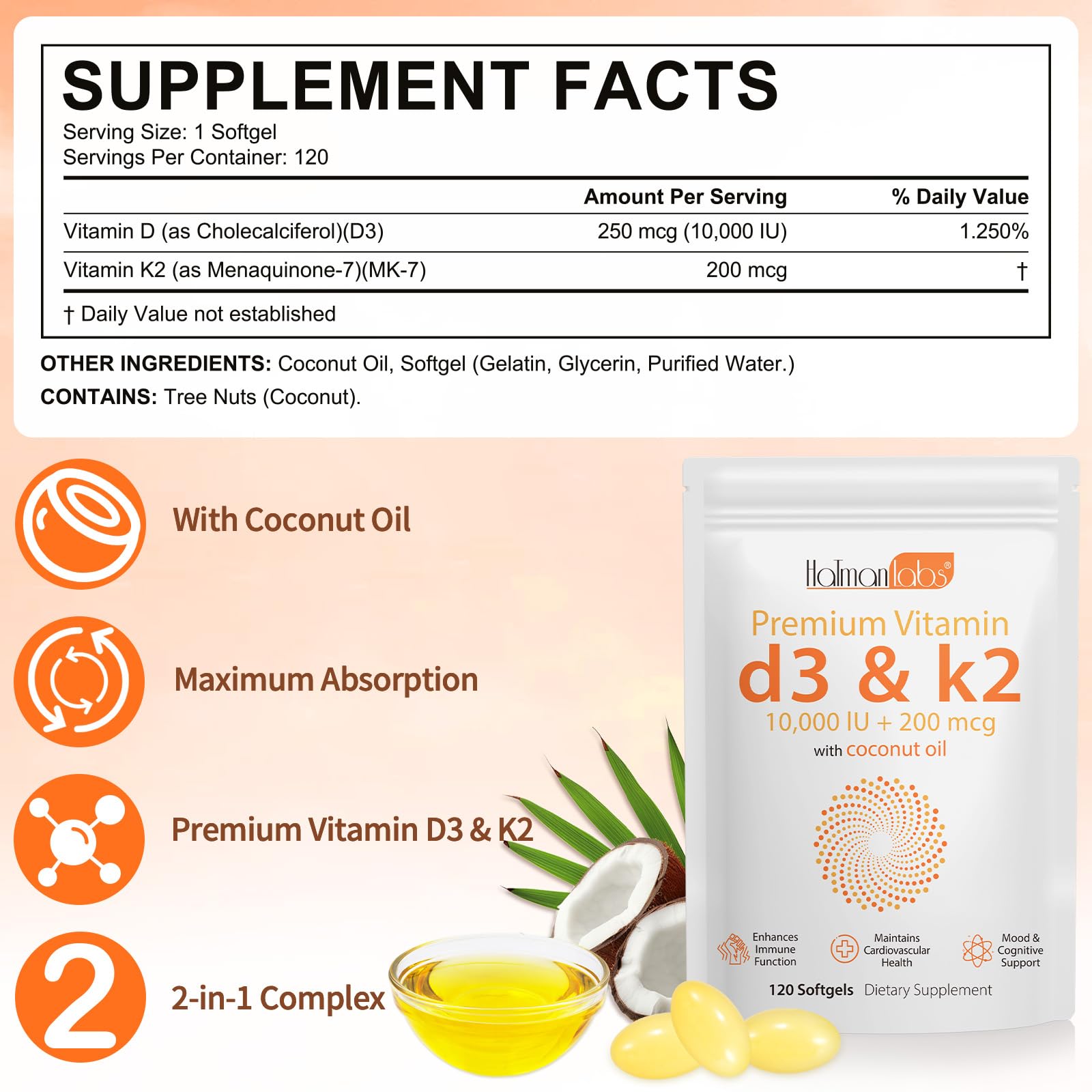 MXCZBSM Vitamin D3 K2 Supplement Softgel, Vitamin D3 K2 Softgel with 10000 IU Supports Immune, Heart, Teeth & Bone Health, Free of GMO, Gluten, Soy