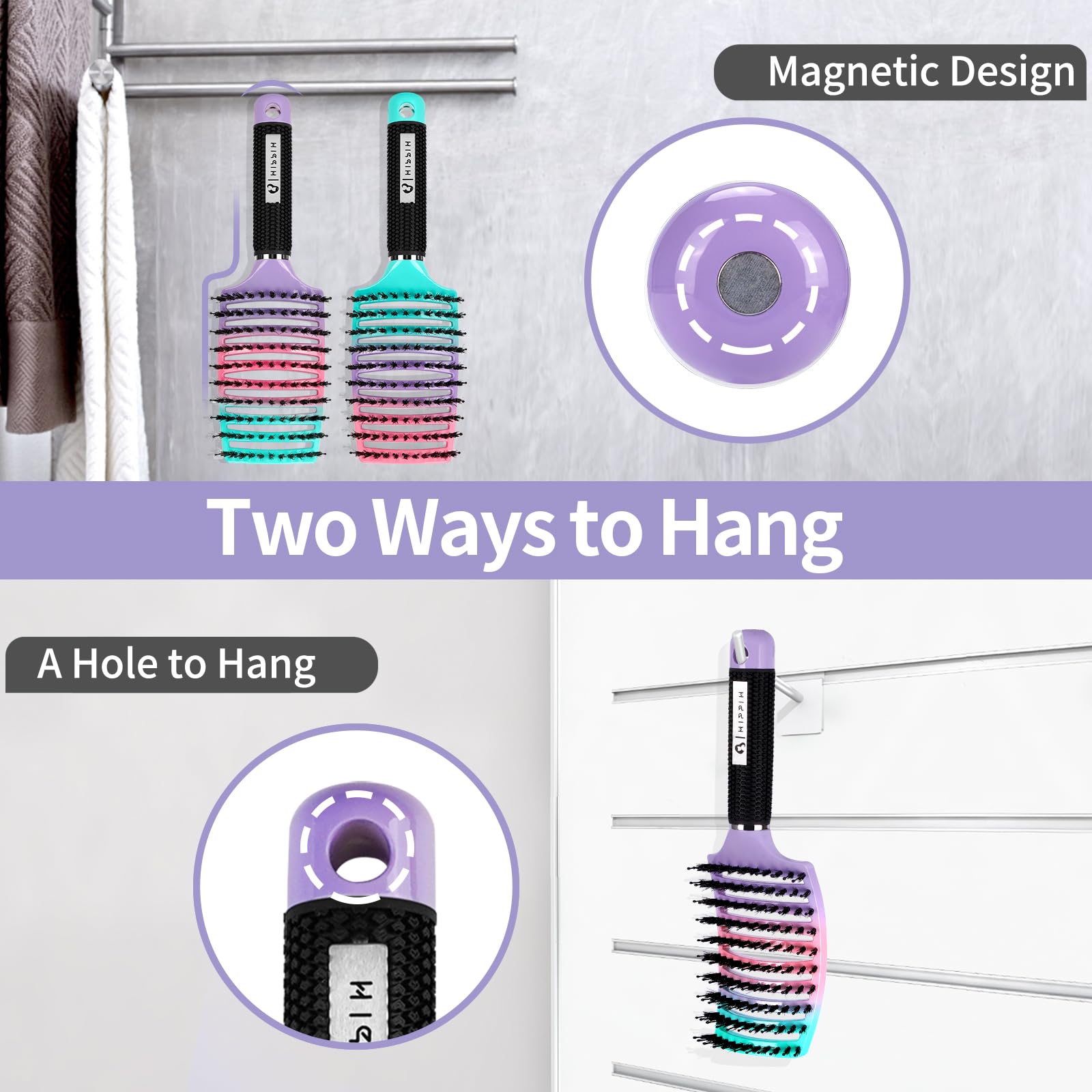 Detangling Brush 2 Pack, HIPPIH Detangler Hair brush for Adult & Kids’ Wet or Dry Hair, Boar Bristle Hair Brush Getting Knots Out without Pain Adds Shine and Makes Hair Smooth Purple
