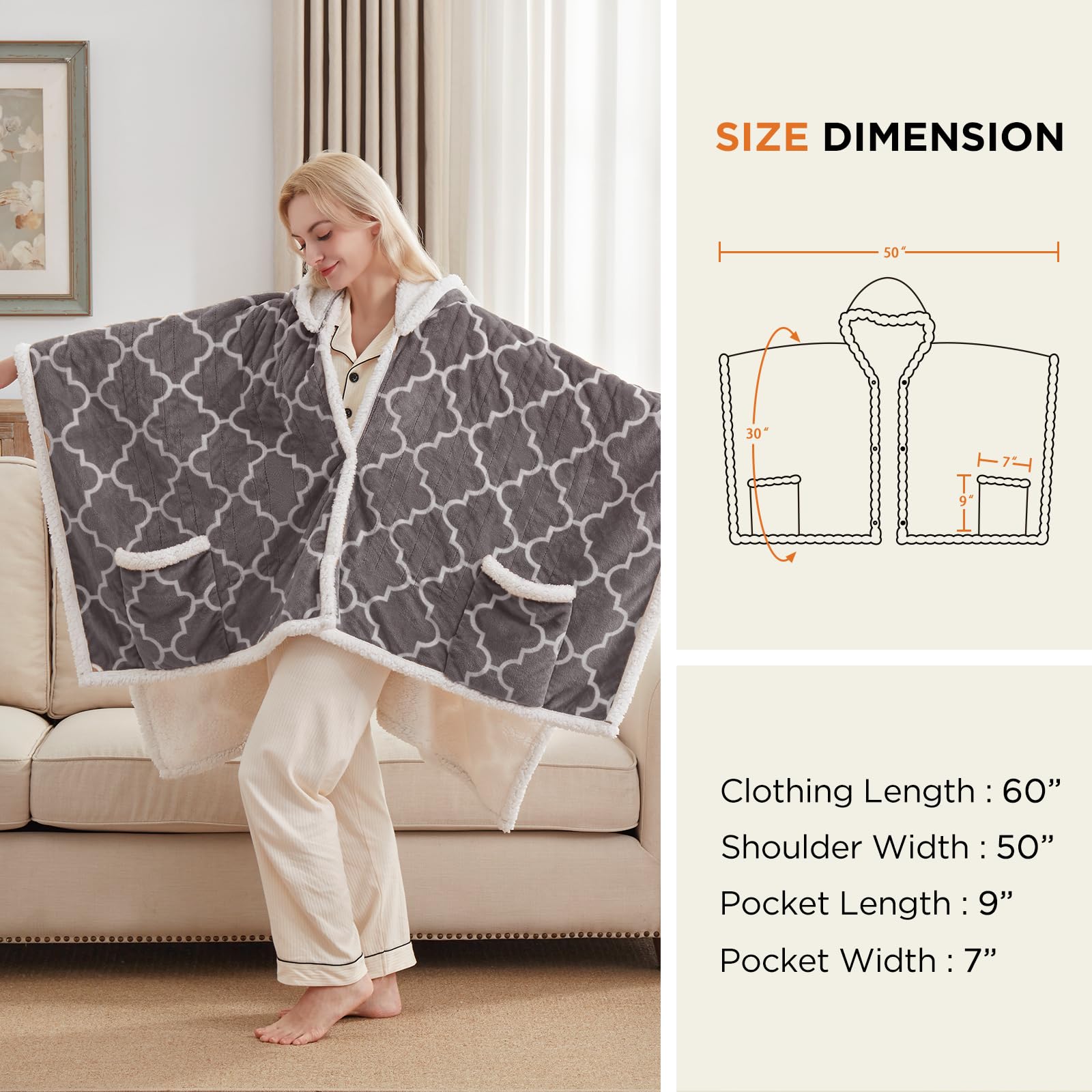 Westinghouse Heated Throw Blanket Wearable Shawl, Electric Wrap Poncho Blanket Hoodie with 6 Heating Levels & 2-10 Hours Time Settings, Winter Gifts for Mom Girlfriend Grandma, 50x60 Inch, Grey