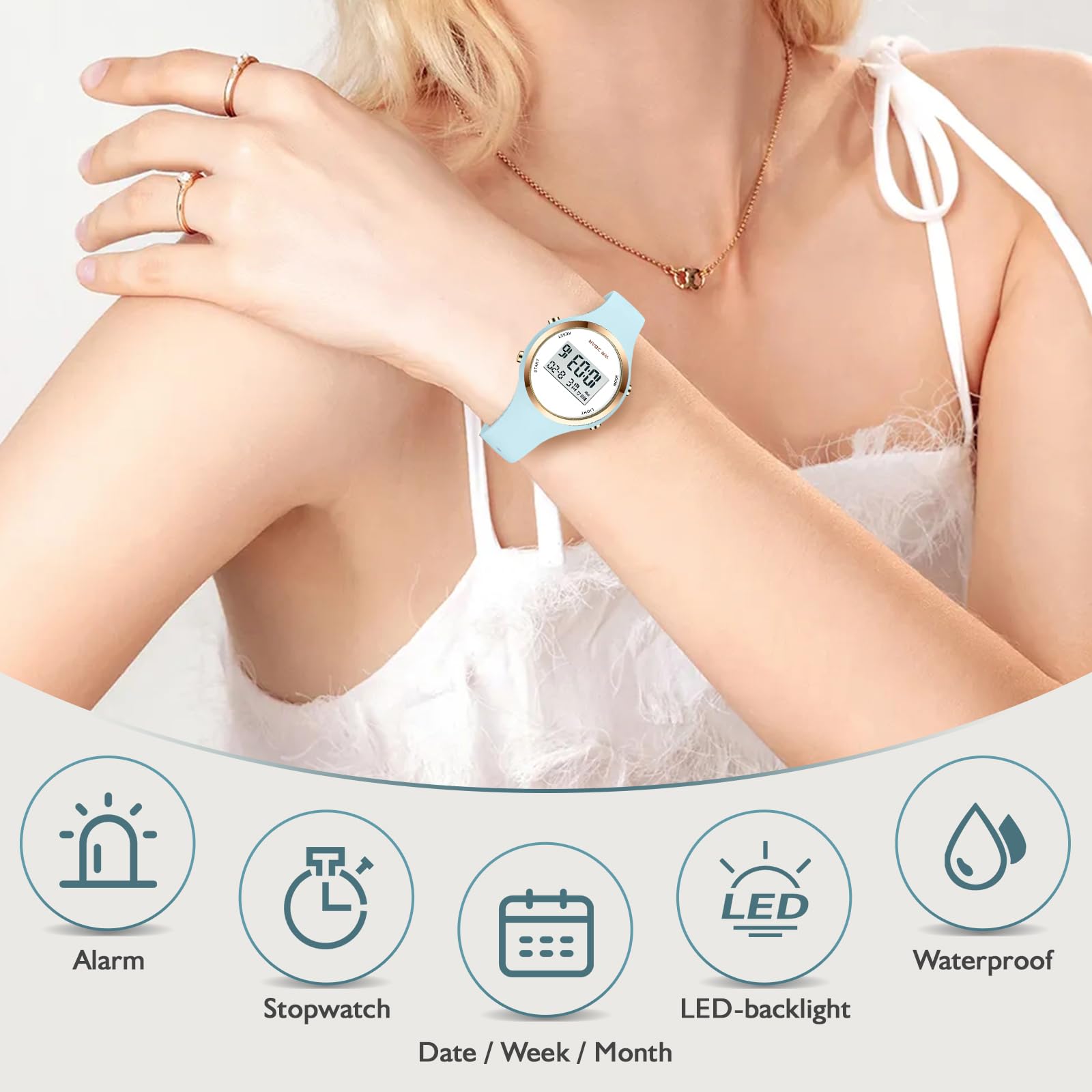 XCZAP Outdoor Sport Watches Alarm Clock 5Bar Waterproof LED Digital Watch(Light Blue-White-one)