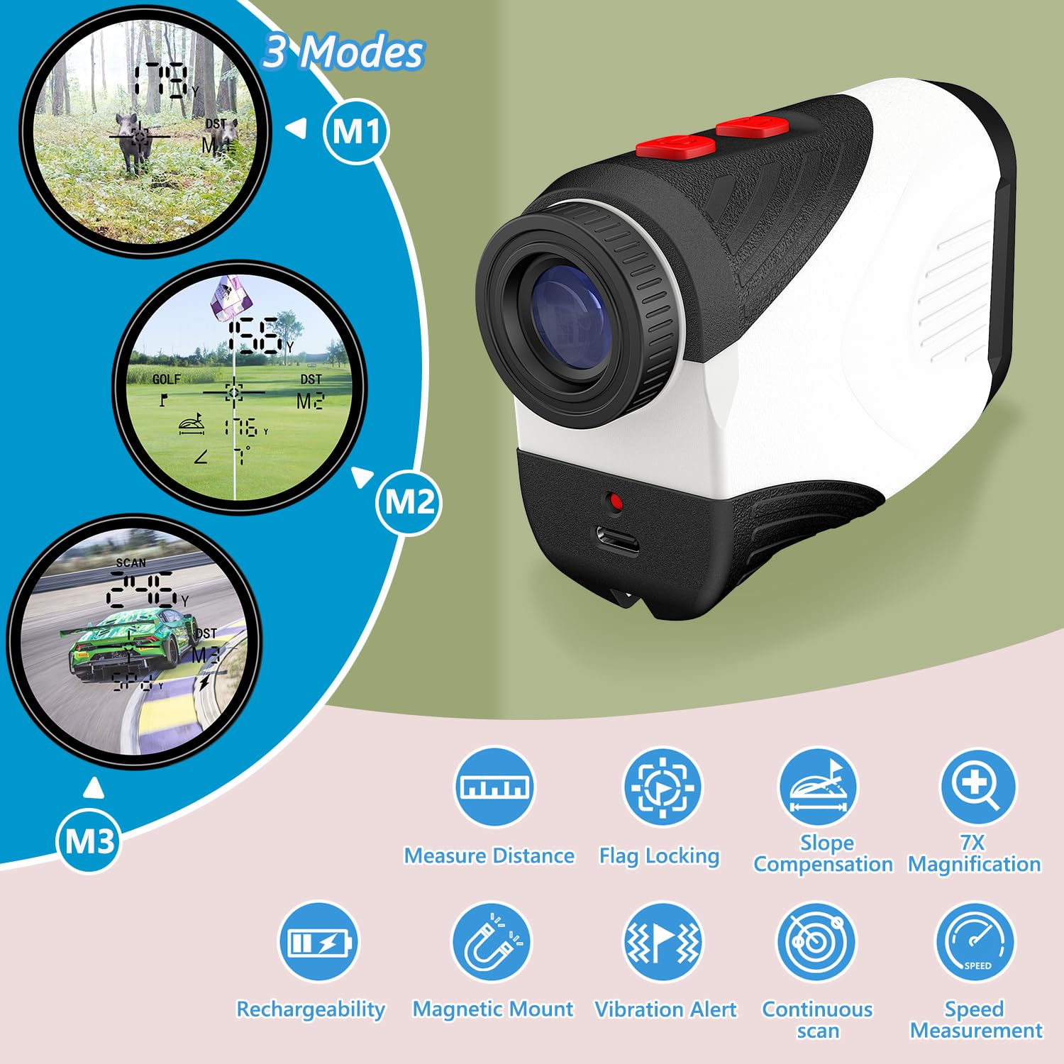 Range Finder Golf, 1200 Yard Laser Rangefinder for Golf & Hunting Range Finder Distance Measuring with Magnetic Stripe, 7X Magnification, High-Precision Flag Lock Vibration, Fast Focus,Rechagreable