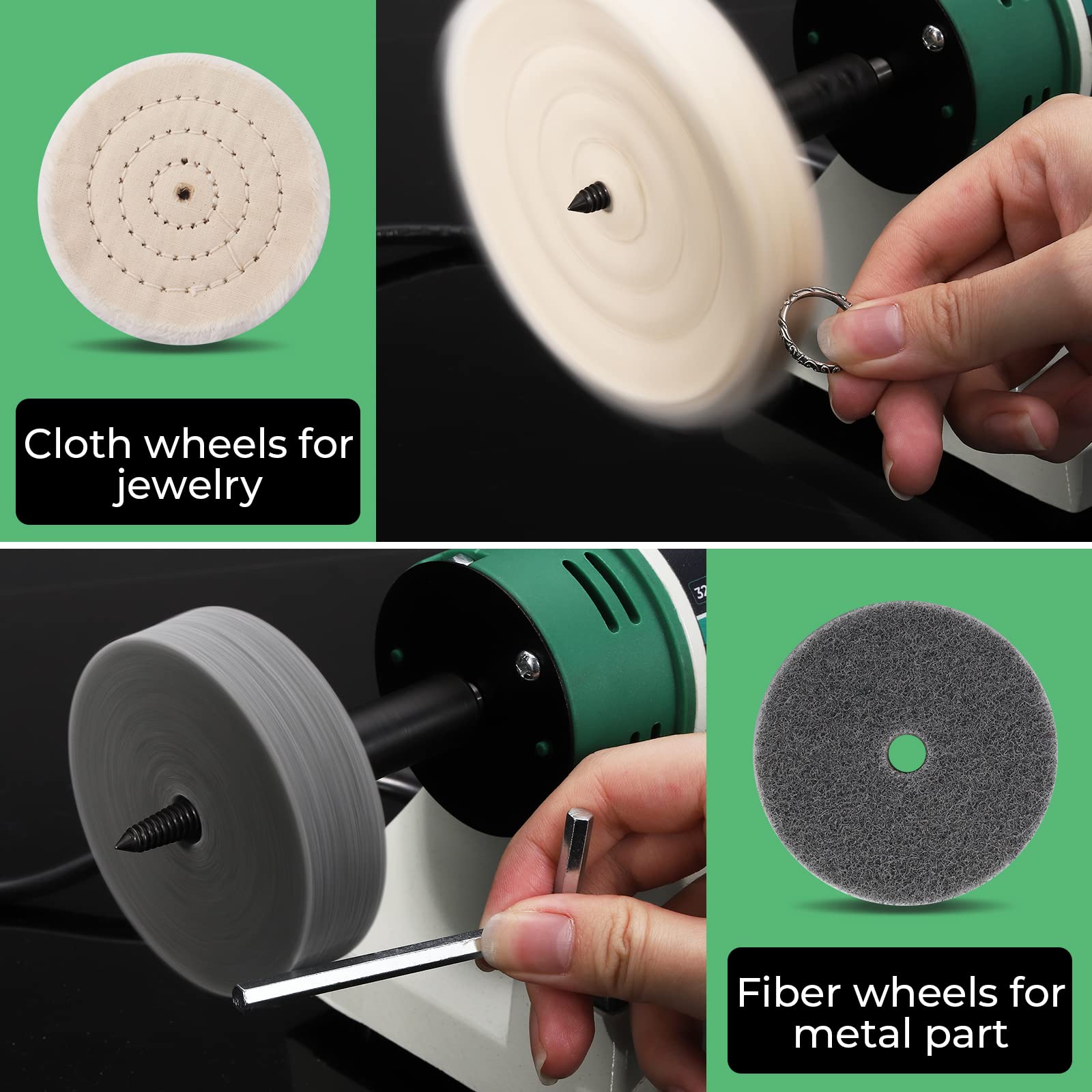 Flyrivergo Bench Buffer Polisher, Jewelry Polisher, Adjustable Variable Speed Bench Buffer, with 2 Cotton Wheels, 2 Fiber Wheels, 1 Drill Chuck and 1 Set of Polishing Buffing Wheel for Silver, Metal