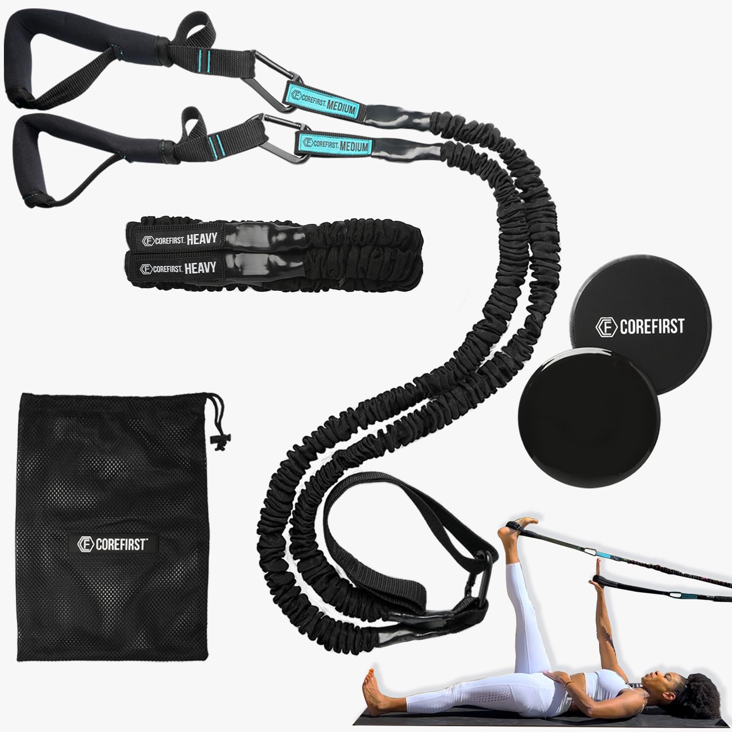 COREFIRST Premium Resistance Pilates System - Reformer Style Pilates–Premium Resistance Bands Set Lightweight Portable Pilates for Home–App Workouts for All Levels (Luxe KIT)