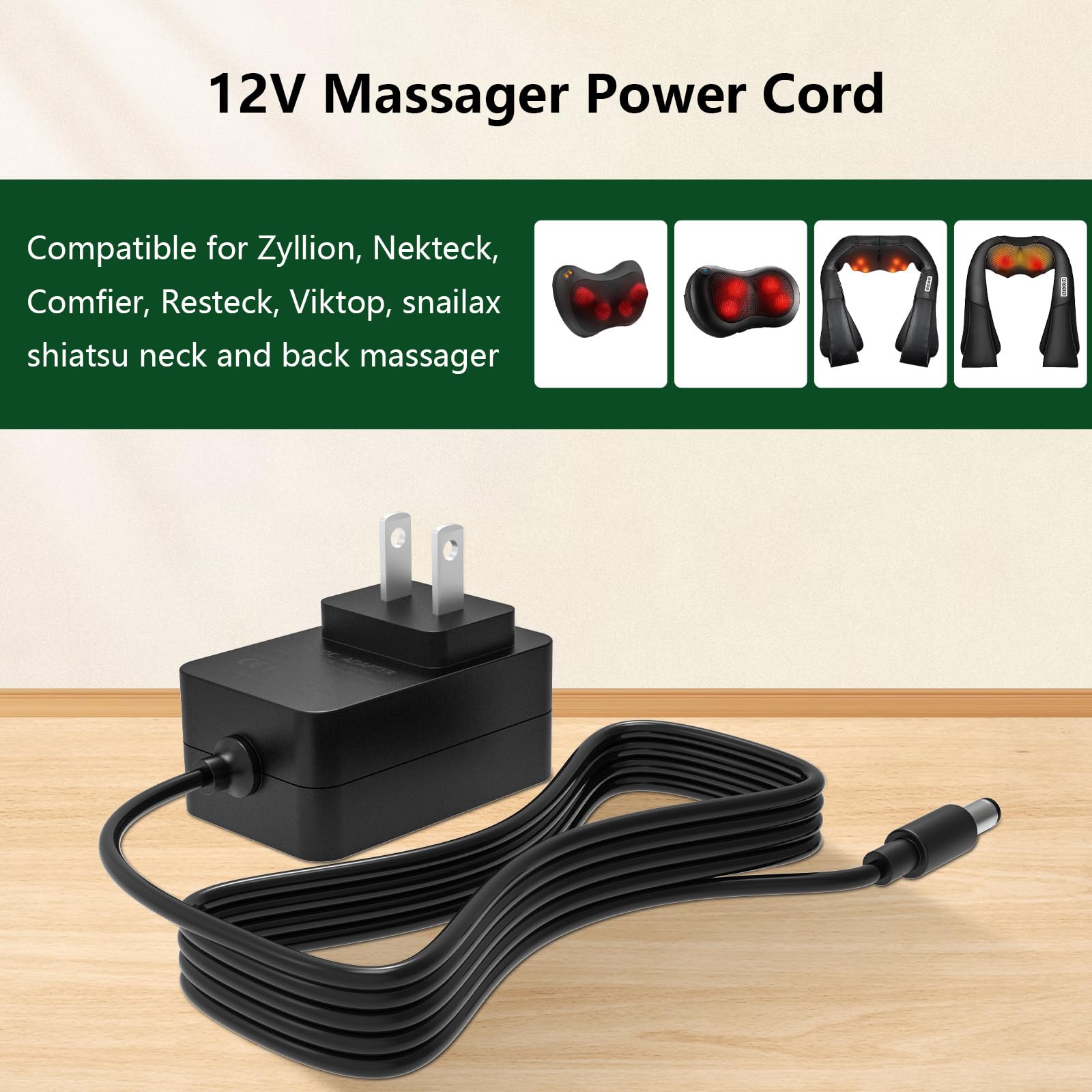 12V AC/DC Power Cord Charger for Shiatsu Neck and Back Massagers Compatible with Zyllion, Nekteck, Comfier, Resteck, Viktop, snailax shiatsu Neck and Back Massager