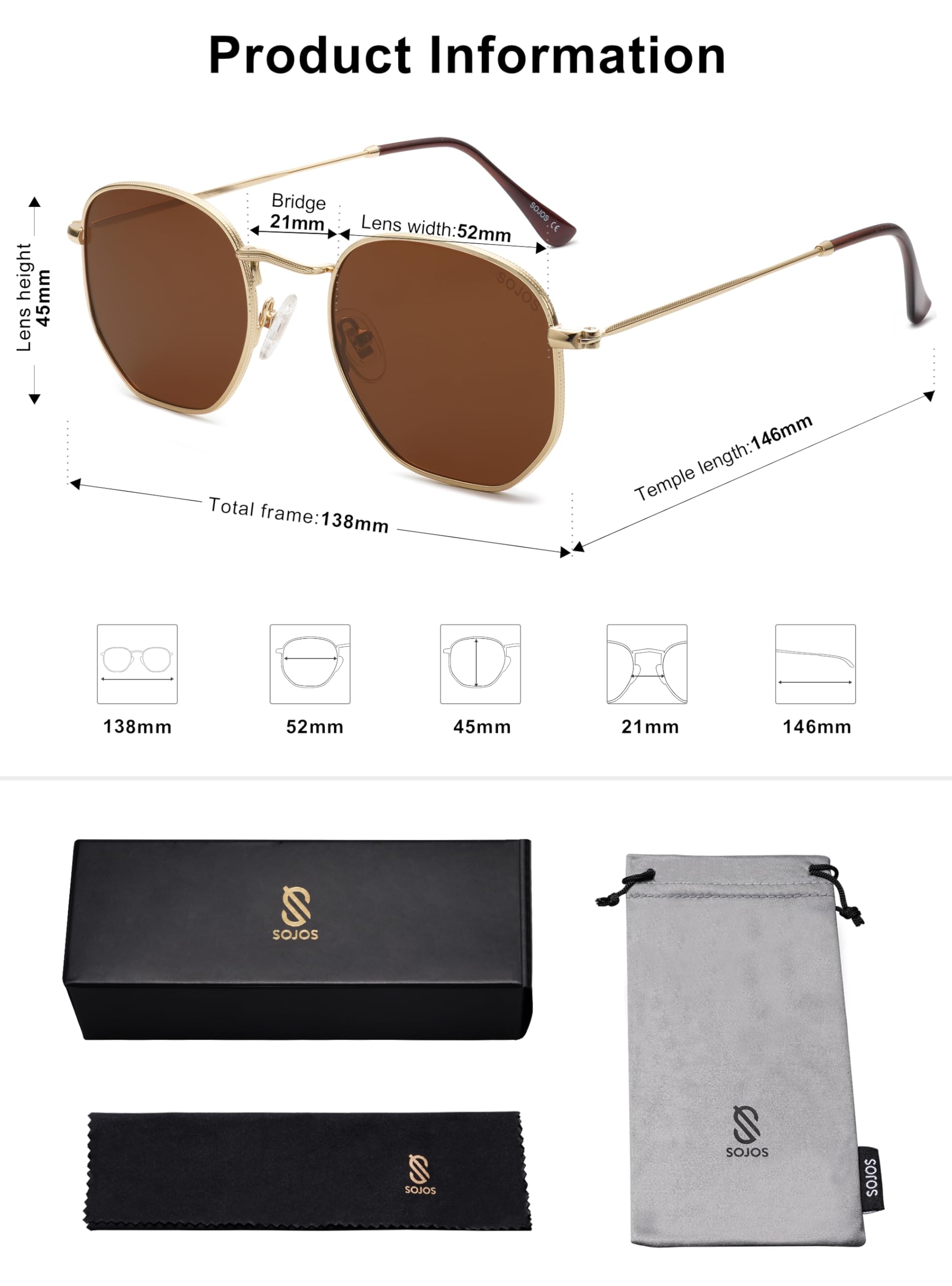 SOJOS Small Square Polarized Sunglasses for Men and Women Polygon Mirrored Lens SJ1072 with Gold Frame/Brown Lens