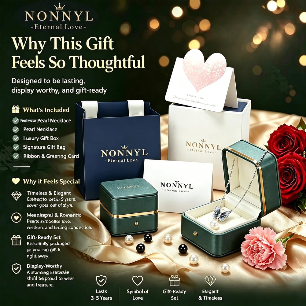 NONNYL Pearl Necklaces Birthday Gifts for Women-Mothers Day Gifts for Mom -Christmas Day Valentines Gifts for Wife Her Wedding Anniversary Jewelry (10-11mm)