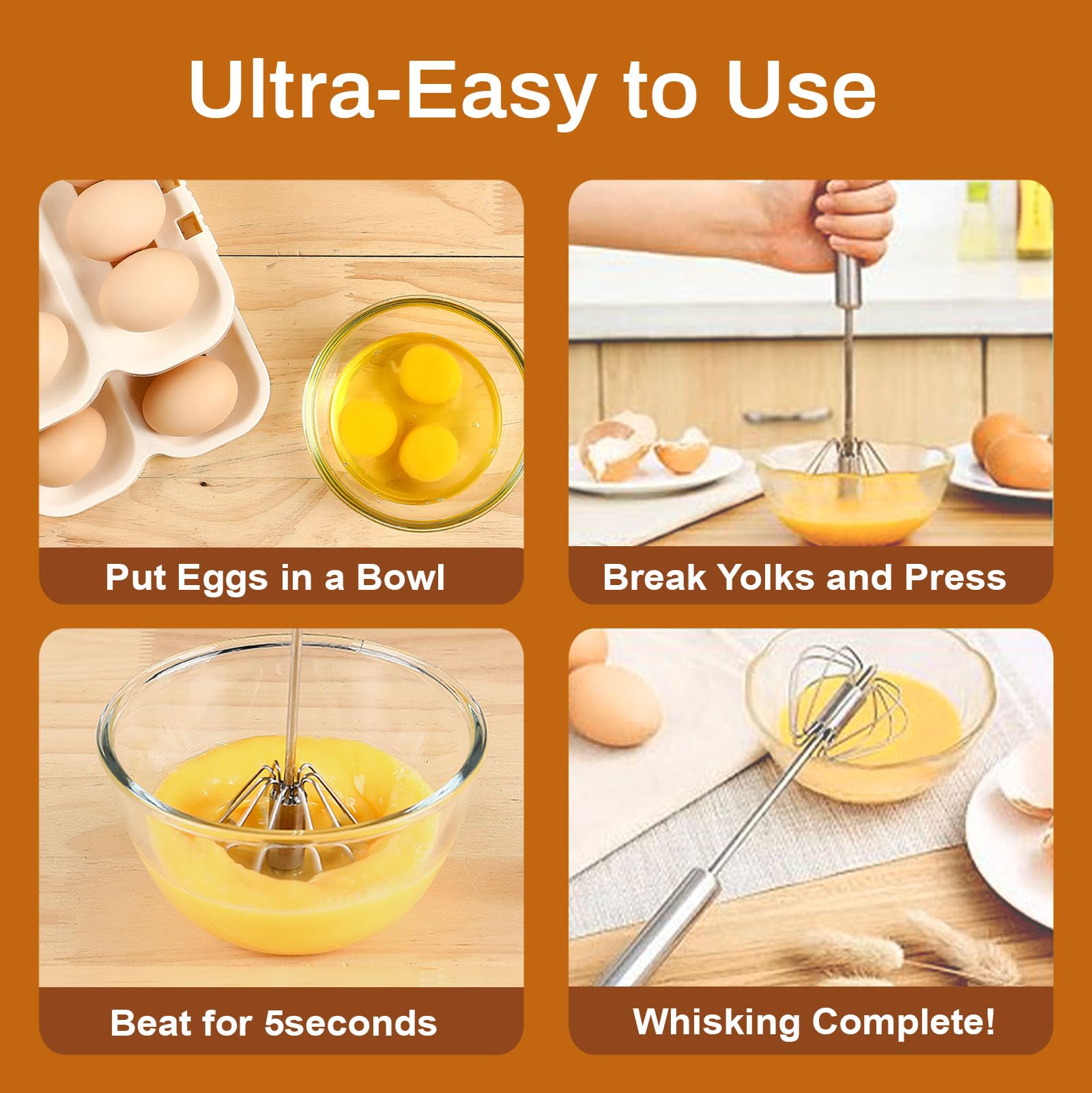 Stainless Steel Semi-Automatic Whisk, 2026 New Stainless Steel Egg Whisk Hand Push Rotary Whisk Blender, Hand Push Mixer Stirrer Tool for Cooking Kitchen Home Egg Milk (10in)