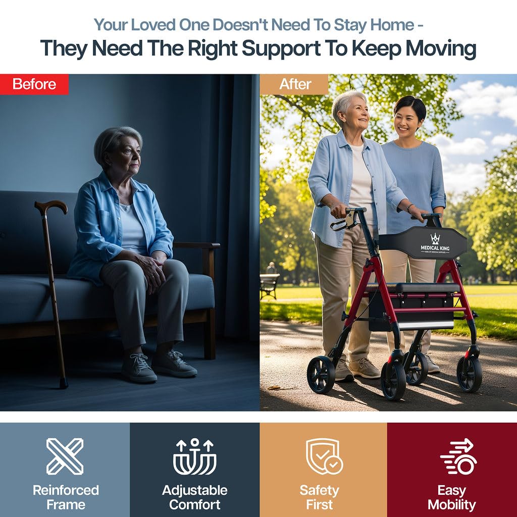 Walkers for Seniors with Seat Foldable Rollator Walker with 8" Wheels, Adjustable Handle Height, Comfortable Seat, 350 lb Capacity, Lightweight Rolling Walker with Storage Pouch - Red