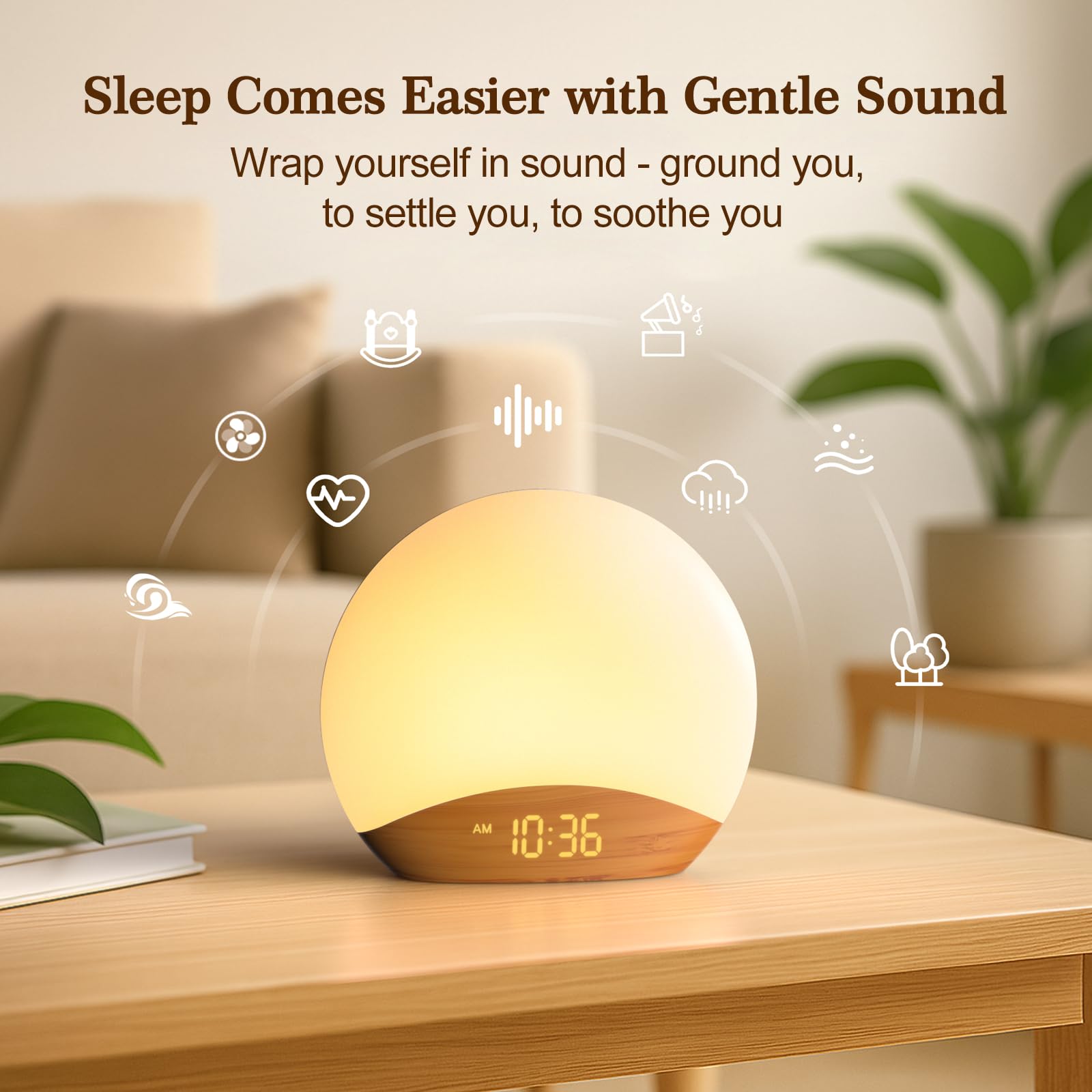 REACHER Wood Grain Sunrise Alarm Clock and Sound Machine Nightlight, Digital Dimmable Clock for Bedroom, 26 Sleep Sounds, White Noise Machine for Baby, Adults, Wake Up Light Alarm Clock for Kids