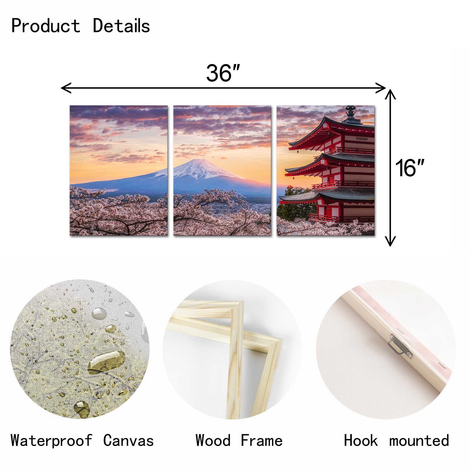 OuElegent Mount Fuji Canvas Wall Art Kyoto Cherry Blossom Japanese Landscape Pictures Print Artwork for Home Office Living Room Decor Framed 12"x16"x3 Pcs (small)