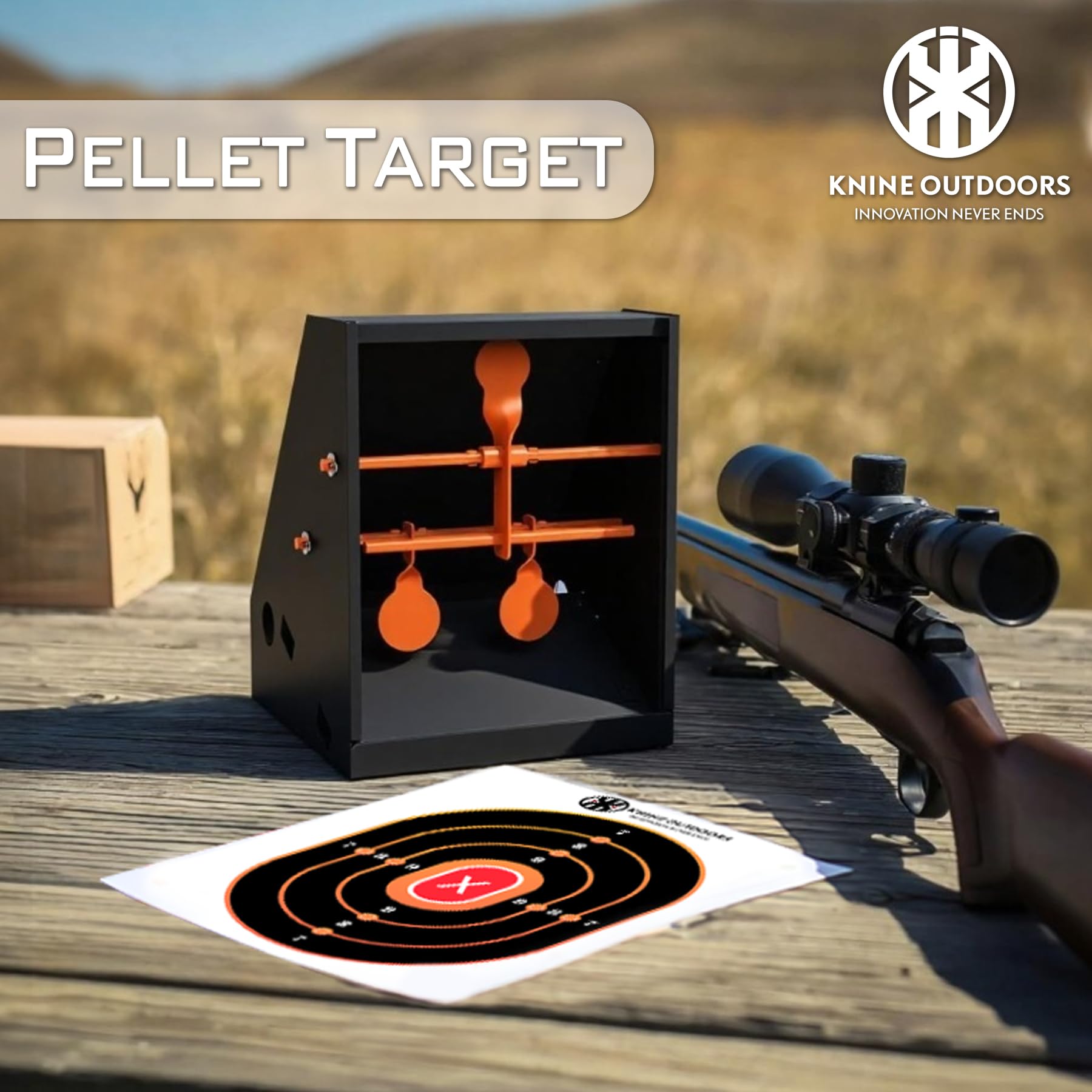 KNINE OUTDOORS Pellet Trap with 20pcs 7''x9'' Splatter Bullseye Paper Targets and Spinning Shooting Targets for .177 Caliber, Air Gun Airsoft BB Gun Rifle