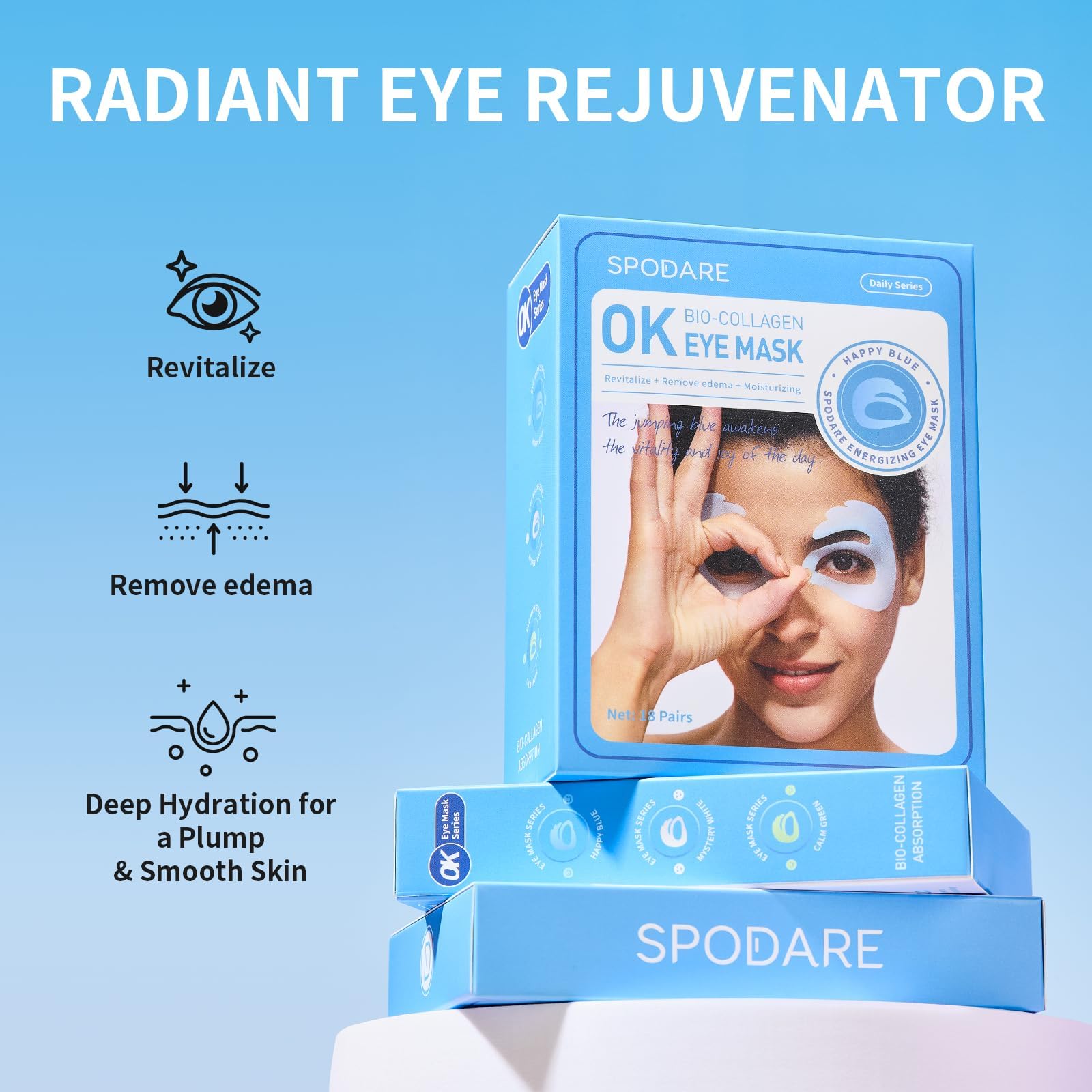 SPODARE OK Shape Eye Masks, 360° Fit Under Eye Patches with Retinol and Collagen, Firming & Hydrating Eye Mask for Wrinkles and Puffy Eyes, Self Care Gifts for Women - 6 Pairs, Happy Blue