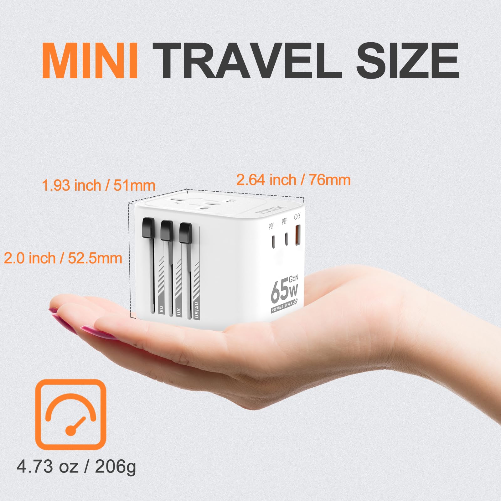 FDTEK Universal Travel Adapter, 65W International Universal Adapter European Laptop Travel Plug Adapter with 3 USB Ports (2 USB C) Worldwide Adapter for Europe UK AUS Asia Japan Covers 300+Countries