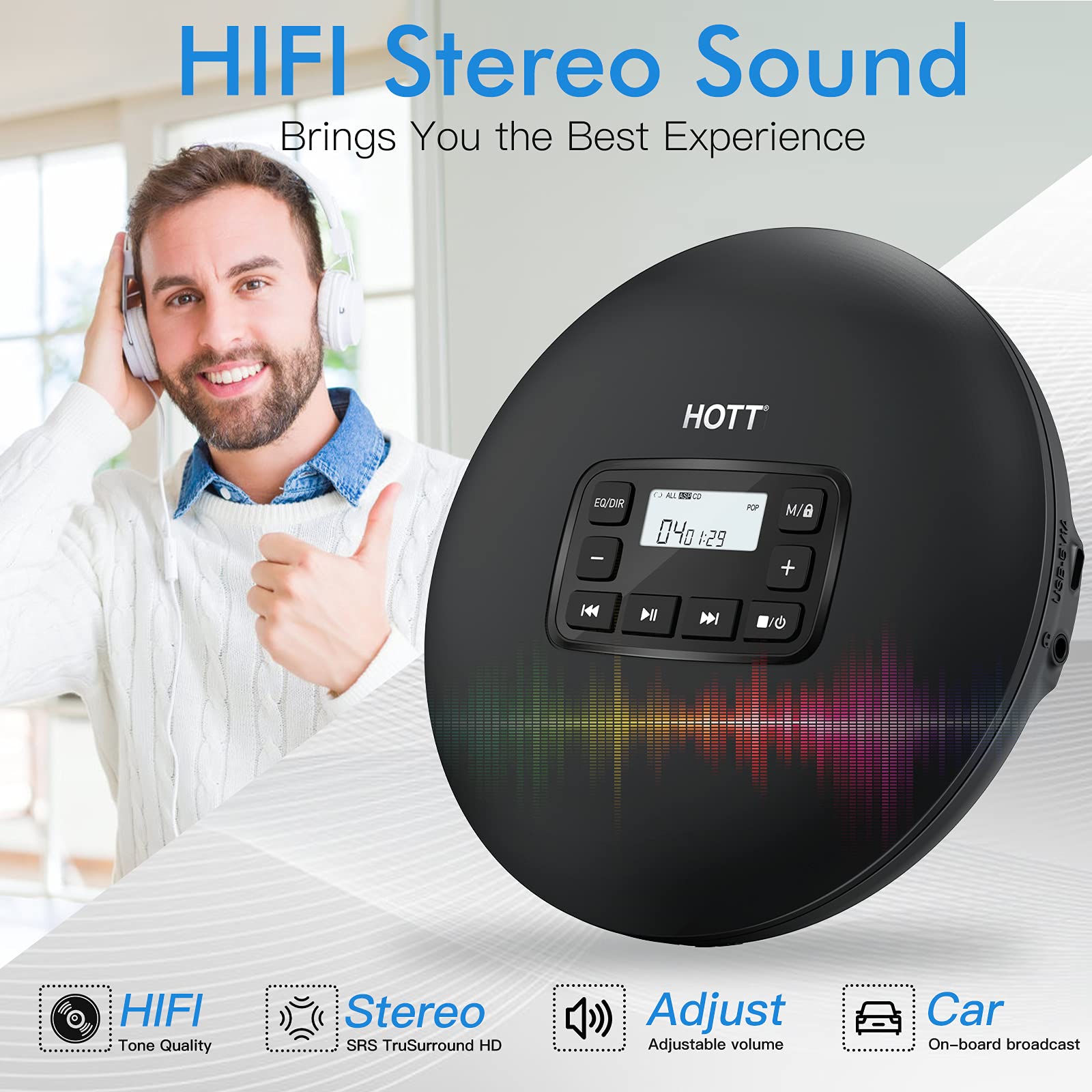HOTT CD204 Portable CD Player, Personal Compact CD Player with Headphones, Anti-Skip/Shockproof for Home Travel and Car, Small Music CD Walkman with LCD Display for Adults Students Kids-Black