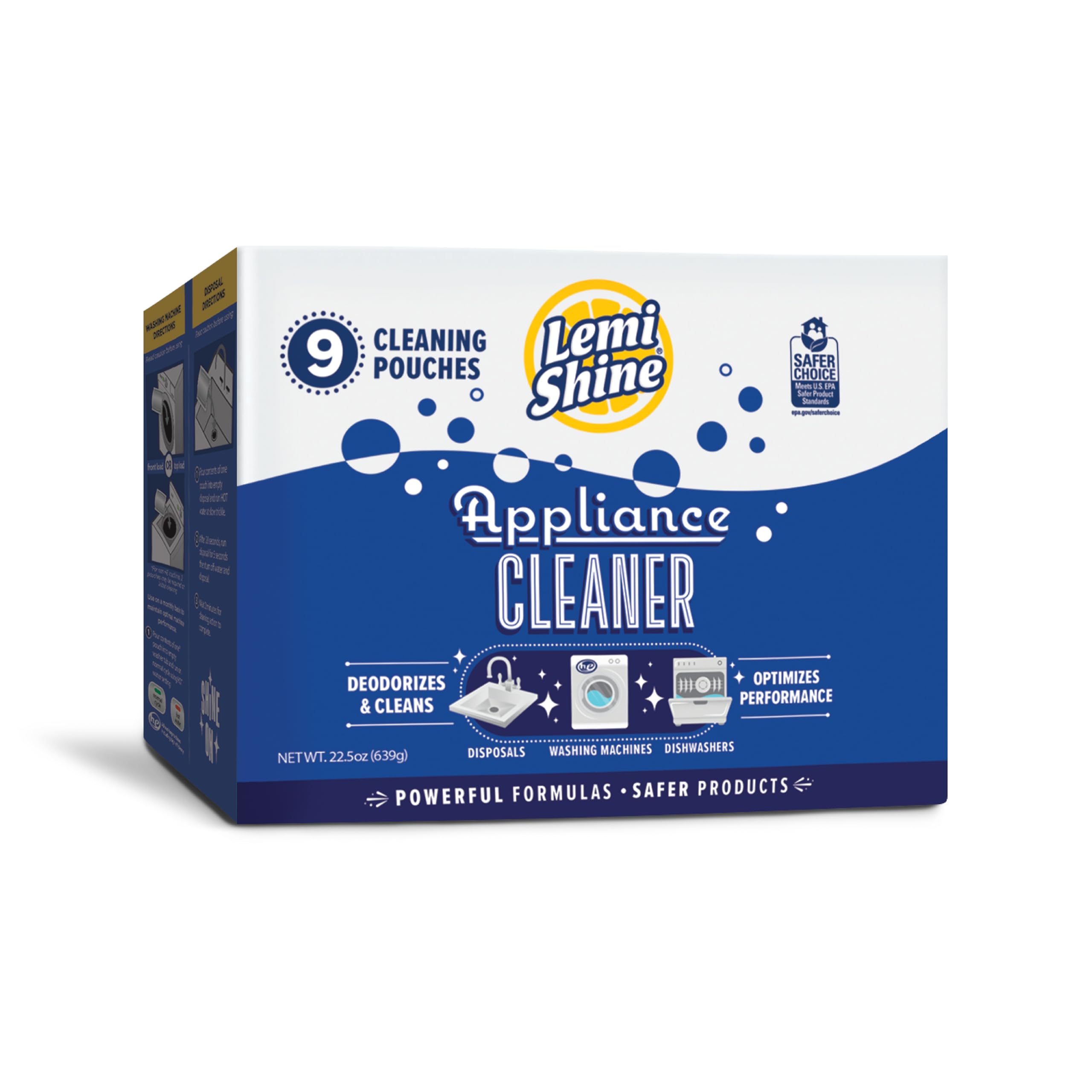 Lemi Shine Appliance Cleaner & Deodorizer | Powered by Citric Acid | 100% Guaranteed To Clean | Works As A Dishwasher, Washing Machine, & Garbage Disposal Cleaner, 9 Pouches
