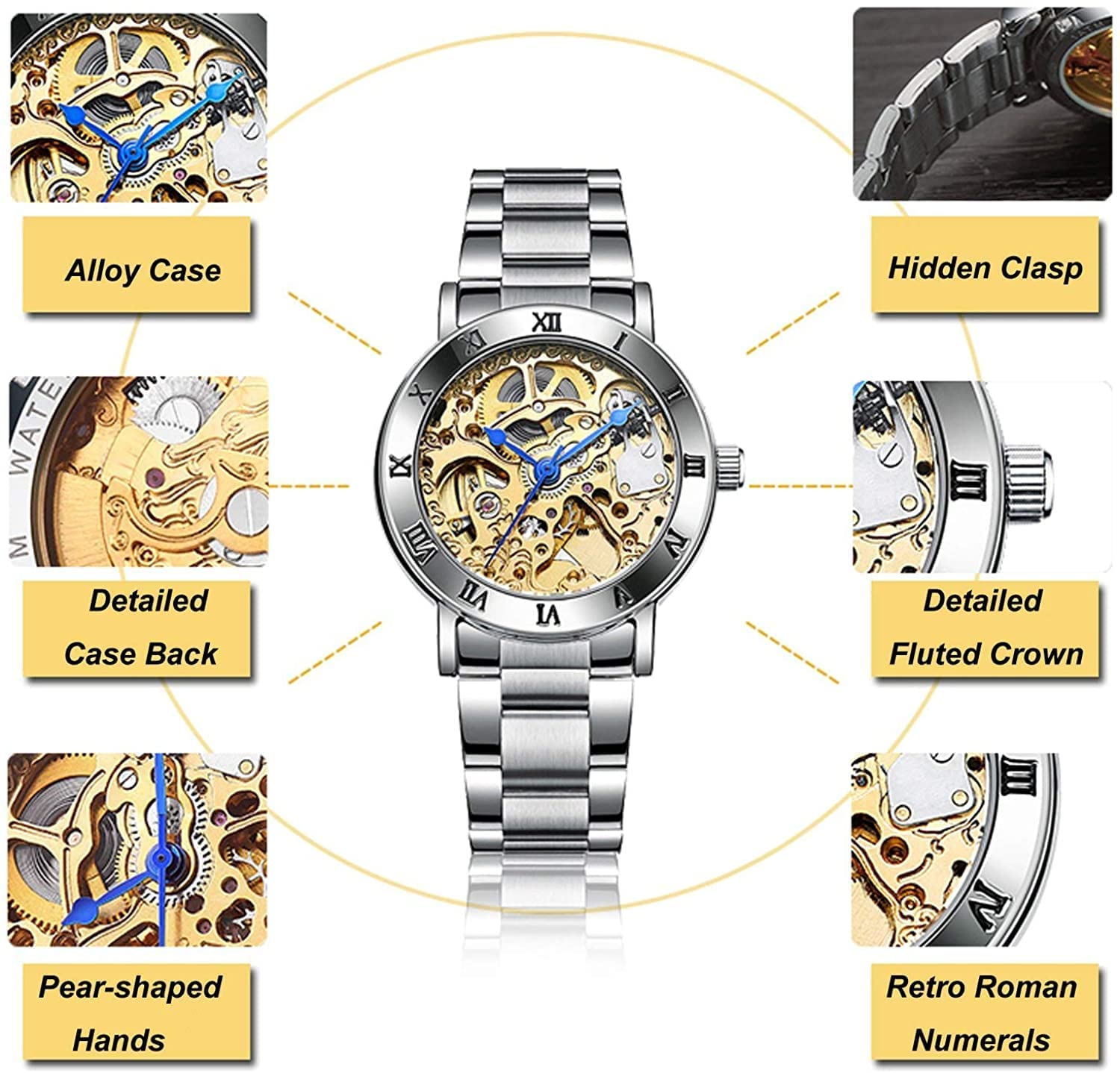 BESTKANG Womens Skeleton Watch Automatic Self Winding Luxury Waterproof Silver Stainless Steel Silver Watches (Gold)