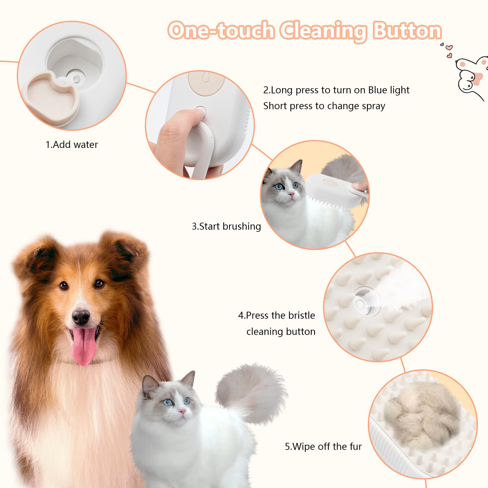 4 in 1 Cat Steam Brush for Shedding, 2025 Rechargeable Pet Steam Brush With 360 Rotating Arm, Massage, Cleaning, Shedding & Combing Multifunctional Hair Removal Comb for Cats Dogs (Beige)