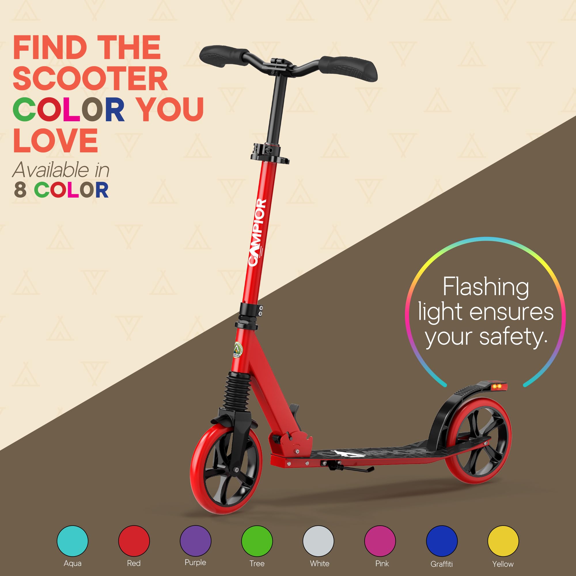 Campior Kick Scooter for Ages 6+, for Kids, Teens, and Adults, Max Load 240 LBS, Foldable, 8-inch Big Wheels for Kids and Adults, with Kickstand, 3 Adjustable Levels, Child Safety Approved, Red