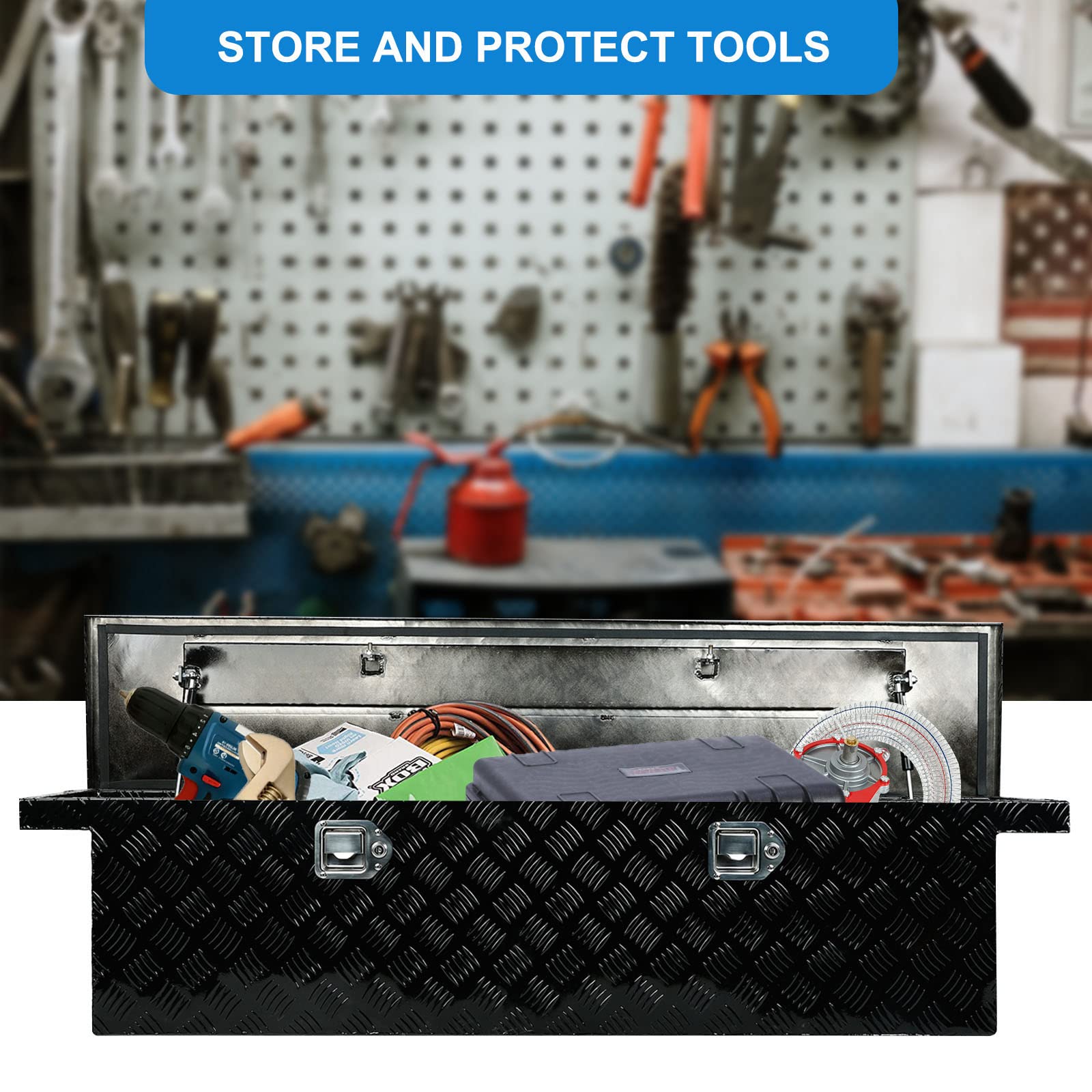 Eivojor 60" Heavy Duty Aluminum Stripes Plated Tool Box Pick Up Truck Bed RV Trailer Toolbox Storage Organizer with Locks and Keys,60"x 12"x 14"-Black