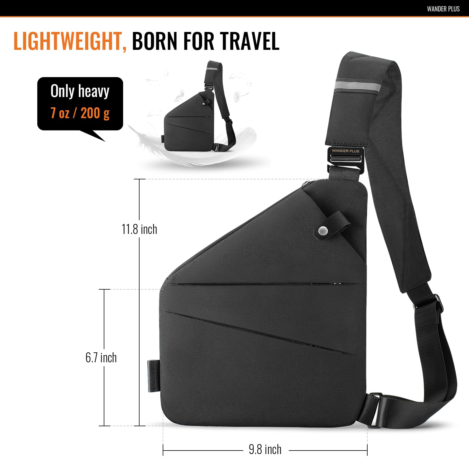 WANDER PLUS Anti Theft Crossbody Bag, Sling Chest Bags for Women Men, Shoulder Bag Anti-theft Design for Travel, Sport, Work (Black)
