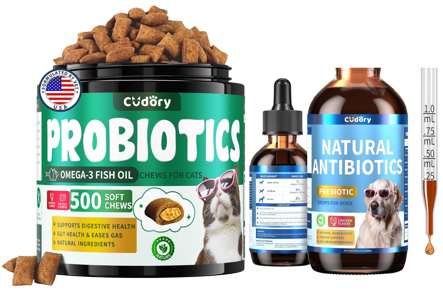 Digestive & Gut Support for Cats and Dogs - Cat Probiotics Soft Chews + Herbal Dog Antibiotics Supplement- Healthy Skin, Coat, Gut Support for Cat or Dog Supplements & Prebiotics
