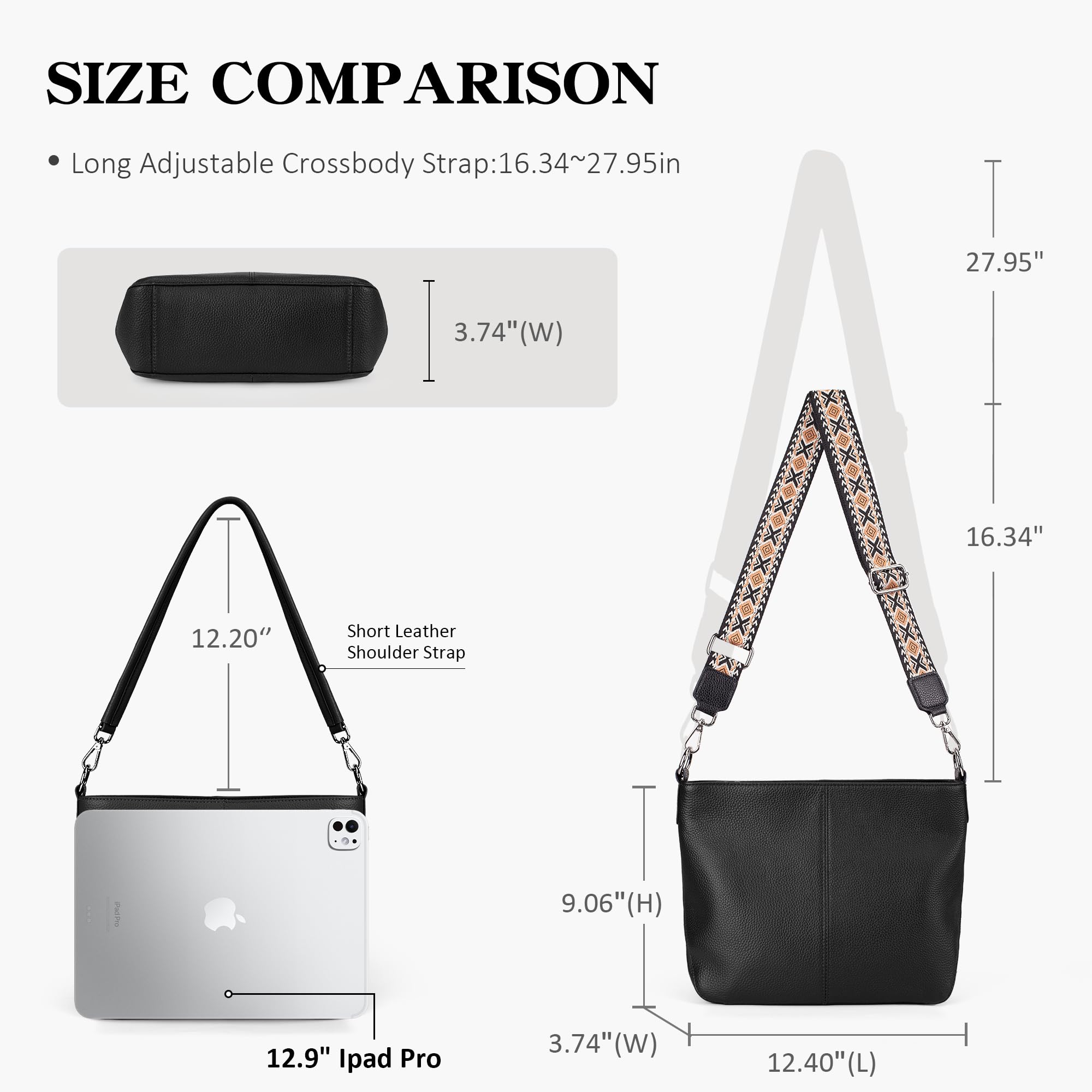 befen Genuine Leather Purse for Women, Black Leather Crossbody Bag Soft Hobo Purse Women's Shoulder Handbags with 2 Removable Straps Designer Cross Body Purses for Everyday & Travel & Work