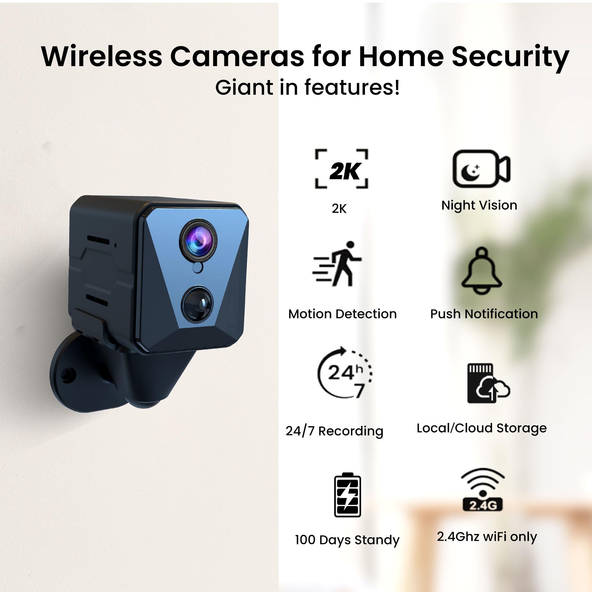 Funstorm Security Camera, 2K WiFi Indoor Camera, 100 Days Standby Battery Life, Cloud & SD Storage, Clear Night Vision, AI Motion Detection, Real-Time Record Security Wireless Surveillance Camera