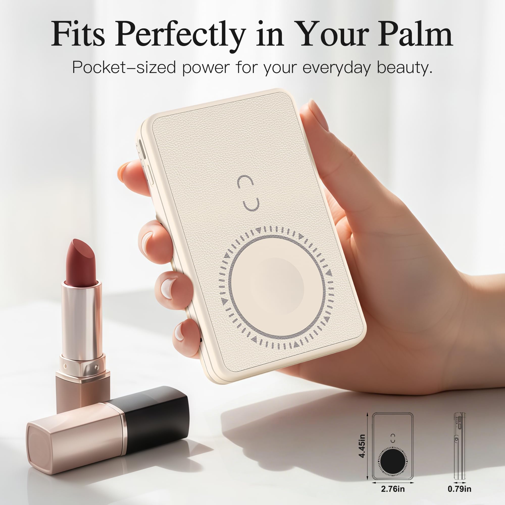 5-in-1 Magnetic Wireless Power Bank, 5000mAh Portable Charger with LED Mirror, Phone Stand, Card Holder & Bluetooth Remote, 20W Fast Charging for iPhone & Android, Travel Essential for Women, Khaki