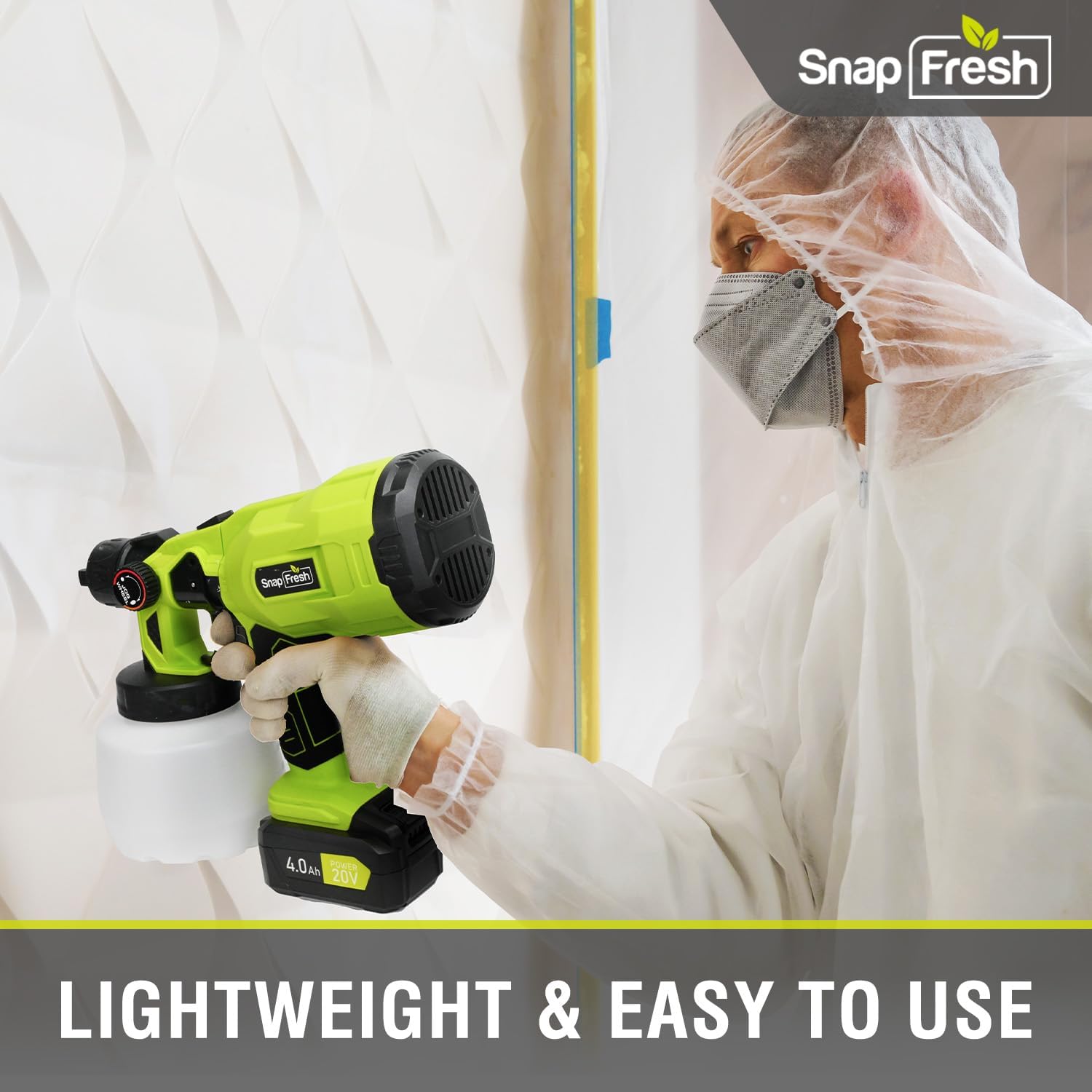SnapFresh 20V Cordless Electric Paint Sprayer- Powerful Battery Powered HVLP Spray Gun,Lightweight Tool with 3 Nozzles for Home DIY Projects(4.0Ah Battery & Fast Charger Included)
