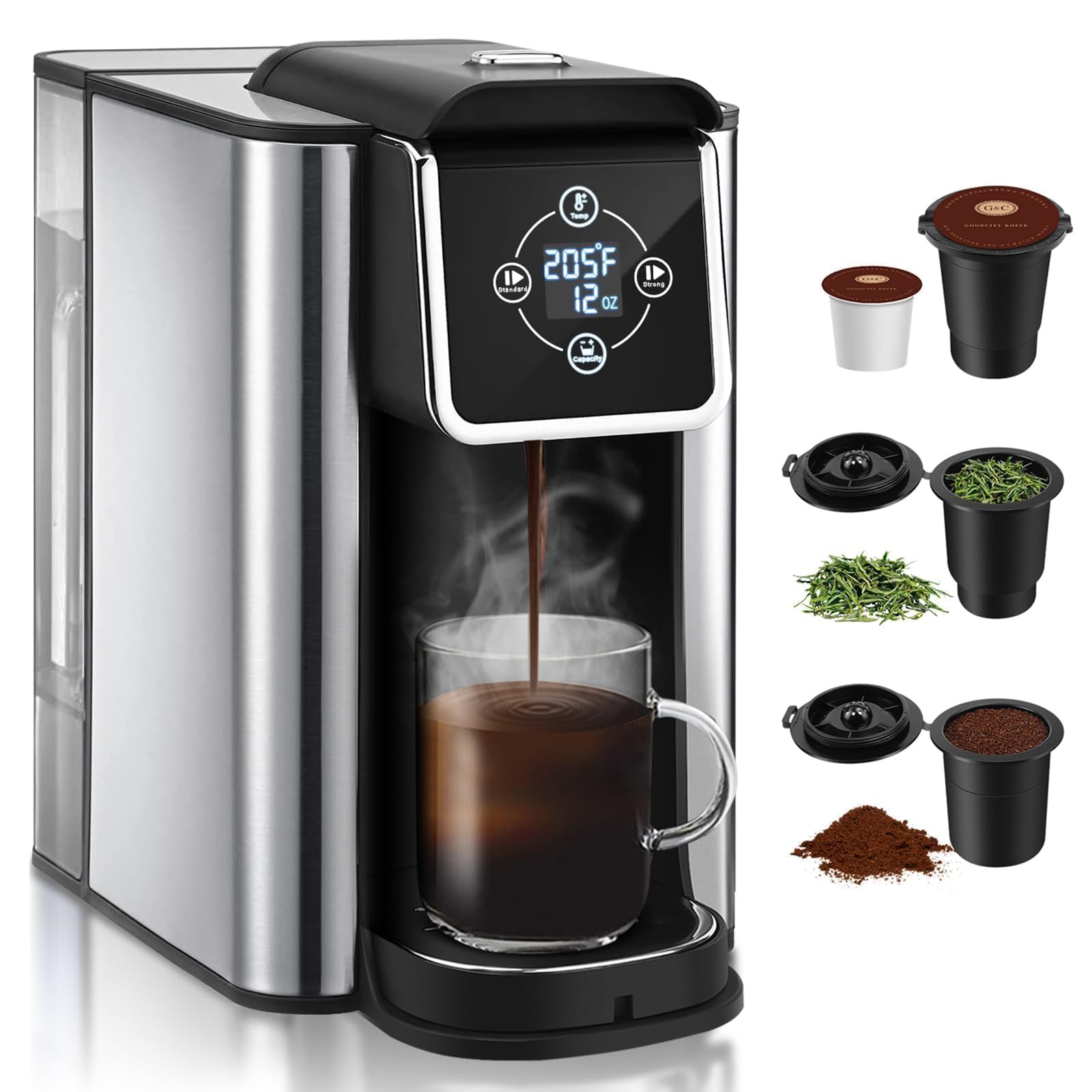 SIFENE 3-in-1 Single Serve Coffee Maker for K-pods, Ground Coffee, and Loose Leaf Tea, Custom Temperature and Strength Control, Quick Brew with Large 50oz Reservoir