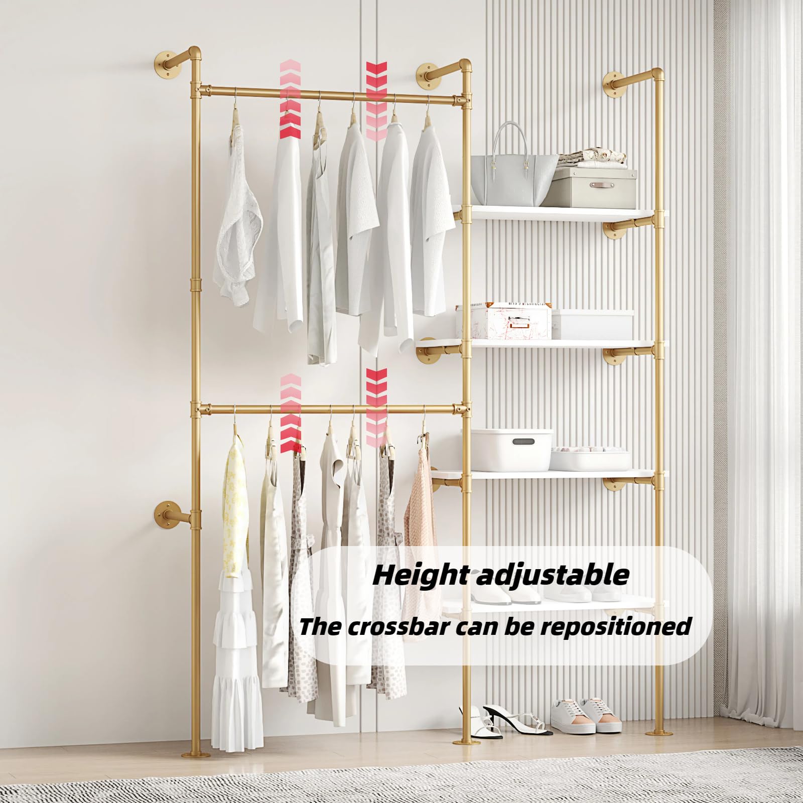 Woskar Industrial Pipe Clothing Rack, Hanging Rods Clothes Rack with Shelves, Clothes Rack for Wardrobe, Corner Closet System for Walk in Closets (Gold, II-4Tier)