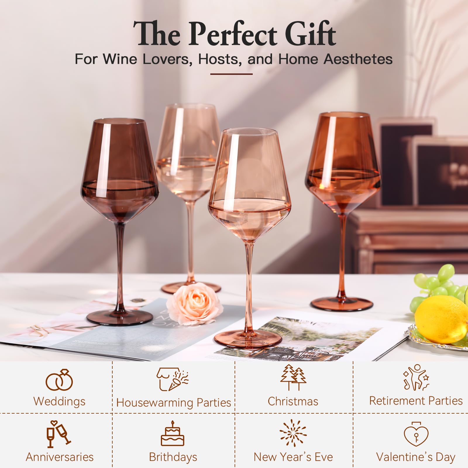 SIPBYSOP Venus Colored Wine Glasses Set of 6, Handblown Wine Glasse,Amber Coloful Glassware,17OZ for Red or White Wine