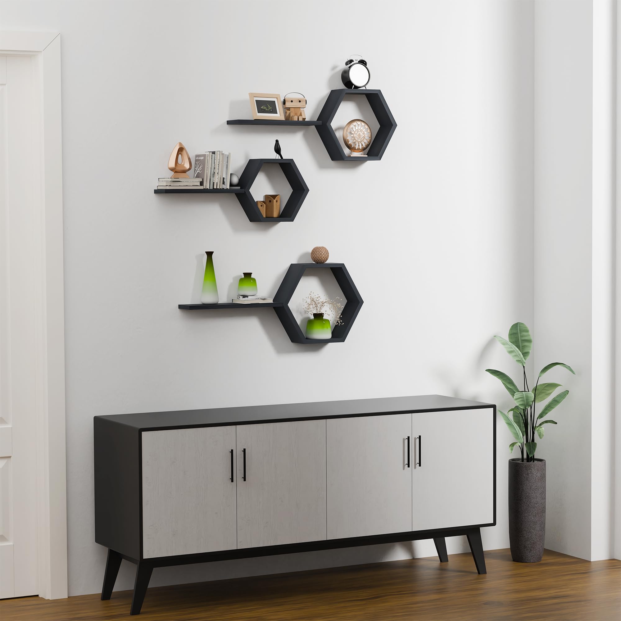 Decovate Hexagon Floating Shelves Set of 6 Honeycomb Shelves for Wall, Wooden Hexagon Shelves for Farmhouse Storage (Carbonized Black)