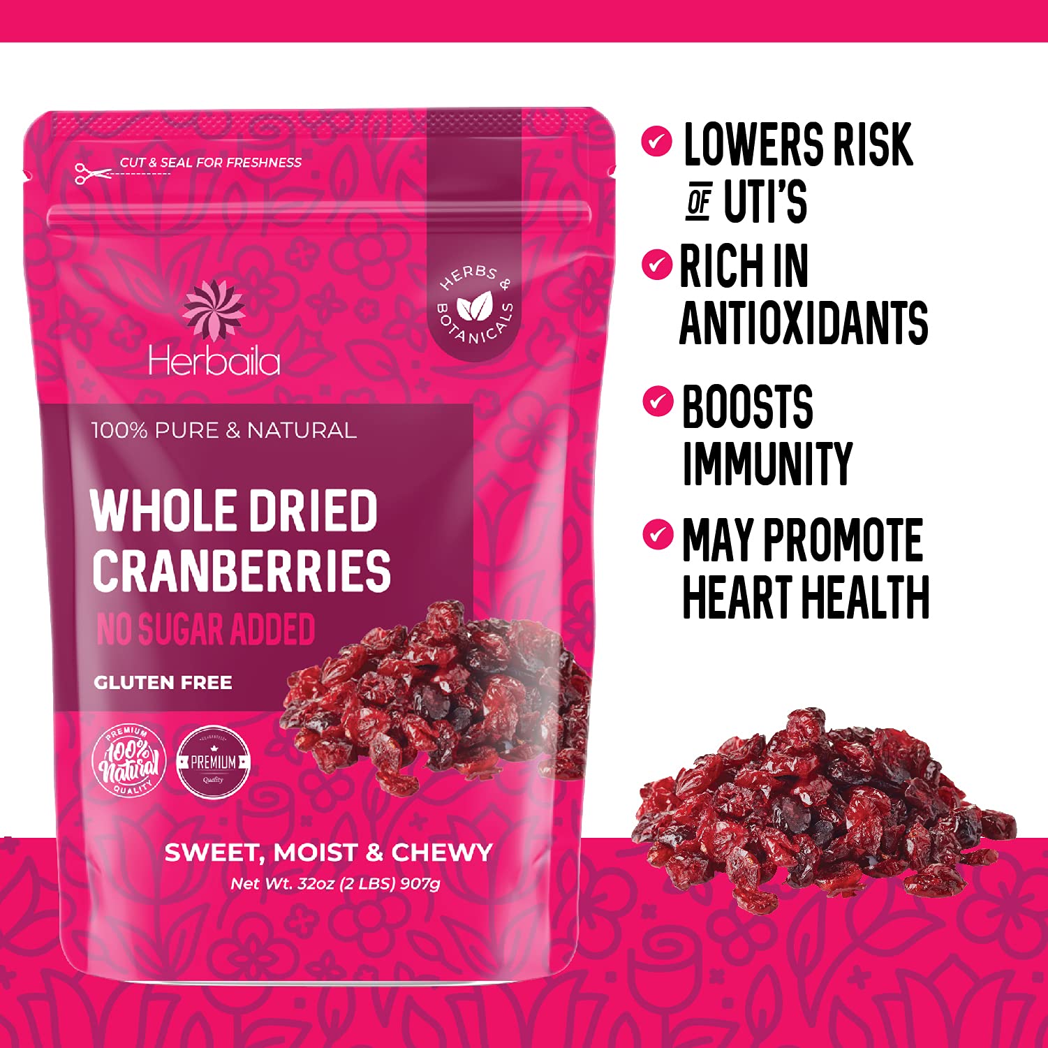 Dried Cranberries 2 lbs. Bulk Cranberries Dried Fruit, Dried Cranberries Sweetened, Premium Dried Cranberry Fruit, All Natural, Non-GMO. Grown in the USA, Cranberry Dried 32 oz.