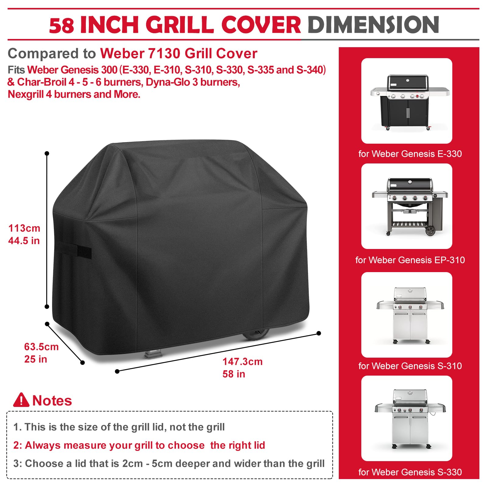 Grill Cover,58 inch Heavy Duty Waterproof Grill Cover for Outdoor Grill,600D Anti-UV Fade-Resistant Barbecue Gas Cover with Adjustable Straps for Weber,Genesis,Charbroil and More Grills