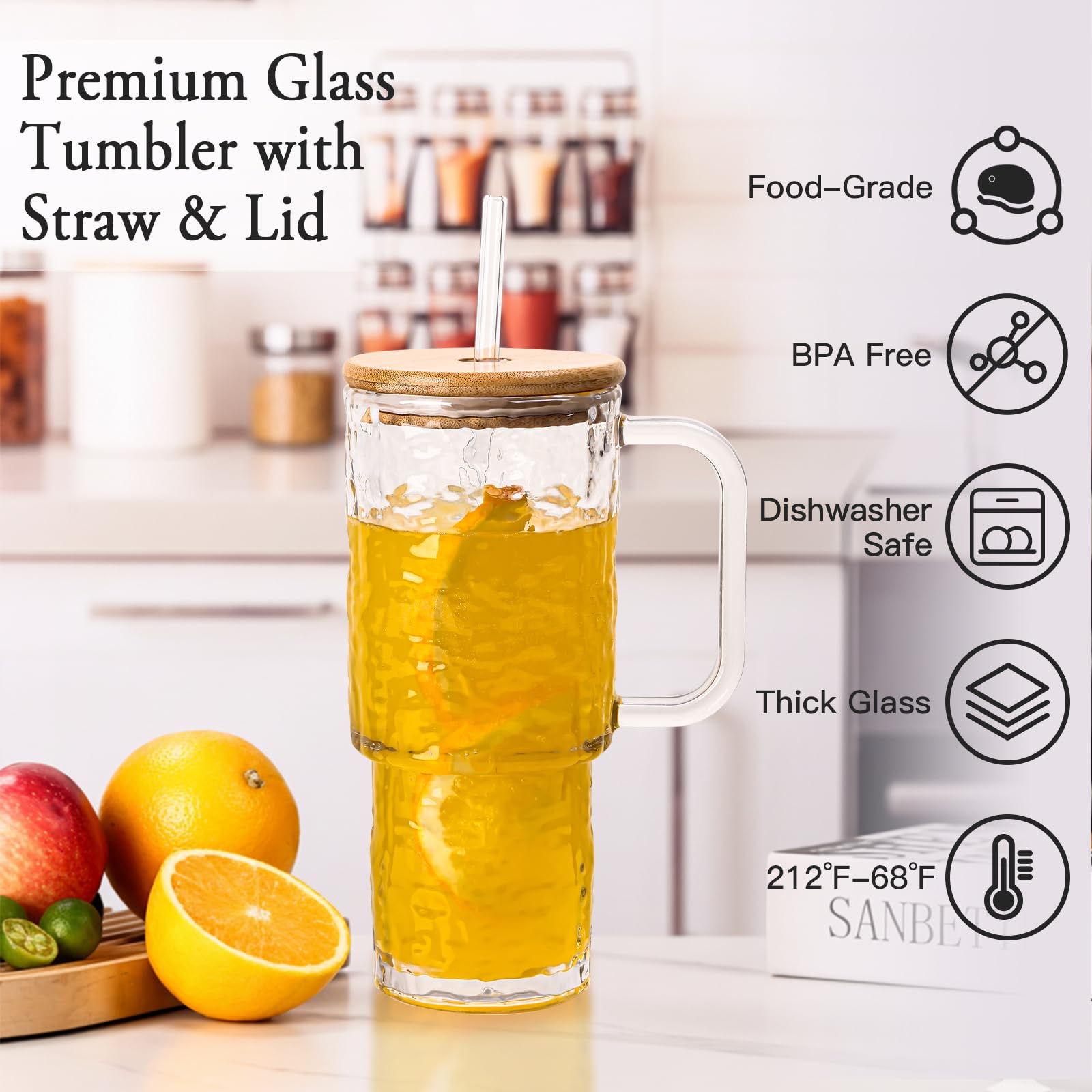 SIPBYSOP 26 oz Water Ripple Glass Tumbler with Handle Lid and Straw, 2 Pack Large Iced Coffee Cups,With Bamboo Lid,for for Hot & Cold Beverages, Smoothies, Tea and Juice, Dishwasher Safe