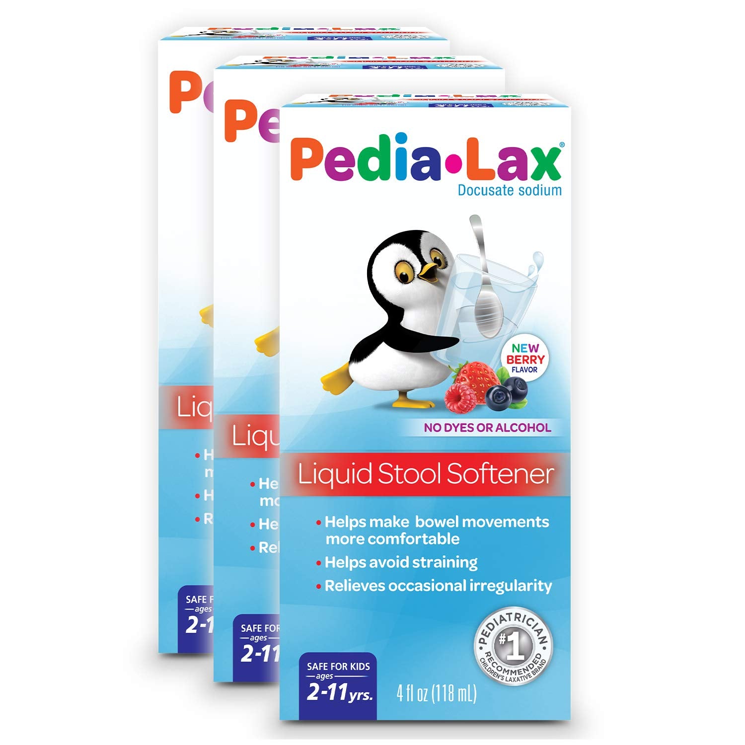 Pedia-Lax Liquid Stool Softener for Kids, Ages 2-11, Berry Flavor, 4 Fl Oz (Pack of 3) Packaging may vary